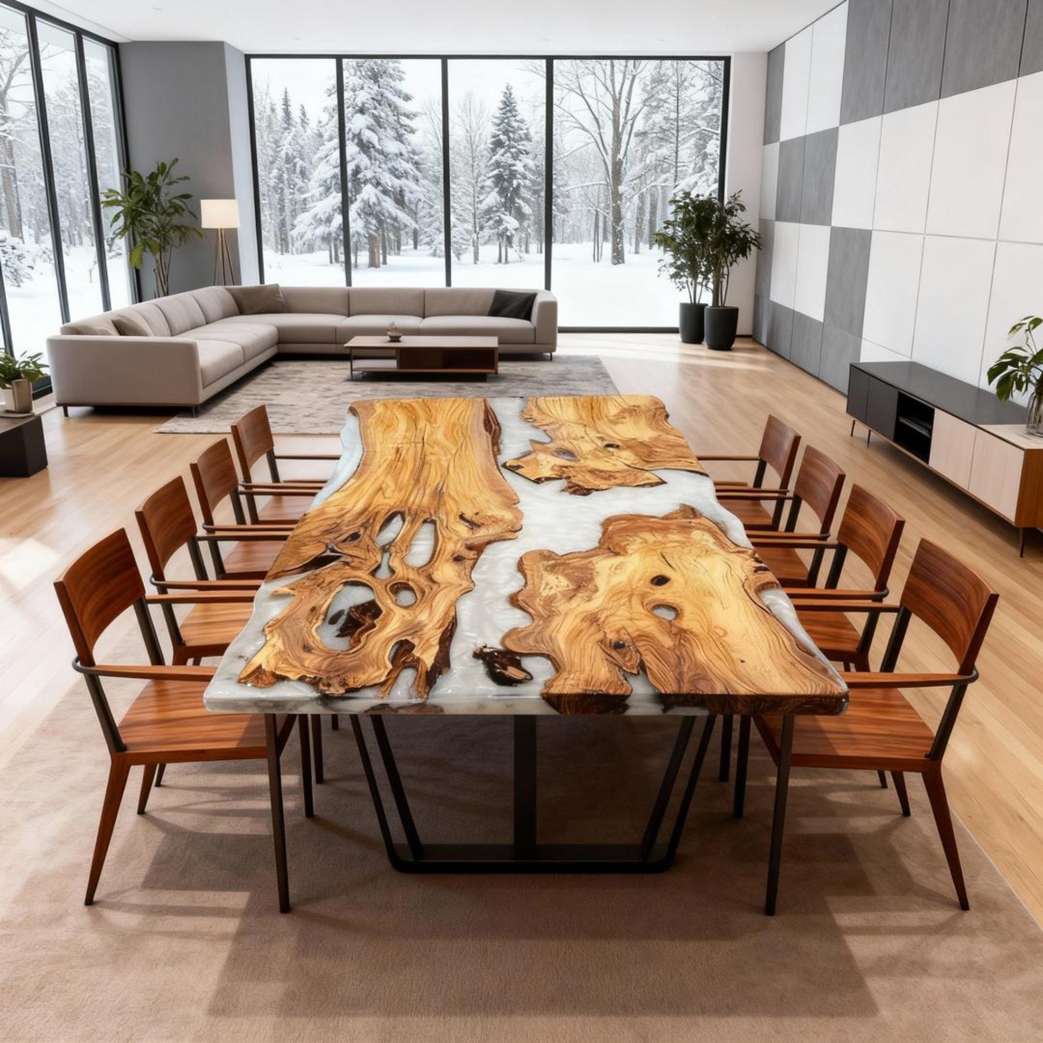 Table rivière personnalisée en bois d'olivier et résine époxy, finition perle givrée VRJ-683