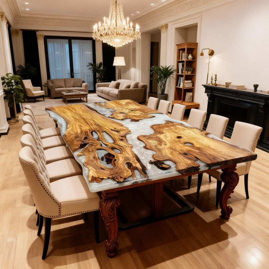 Table rivière personnalisée en bois d'olivier et résine époxy, finition perle givrée VRJ-683