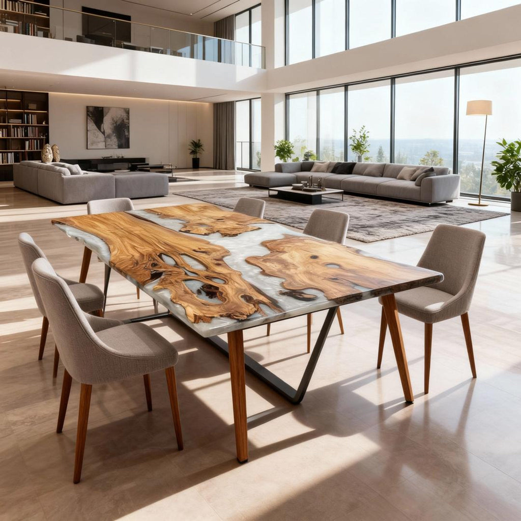 Table rivière personnalisée en bois d'olivier et résine époxy, finition perle givrée VRJ-683