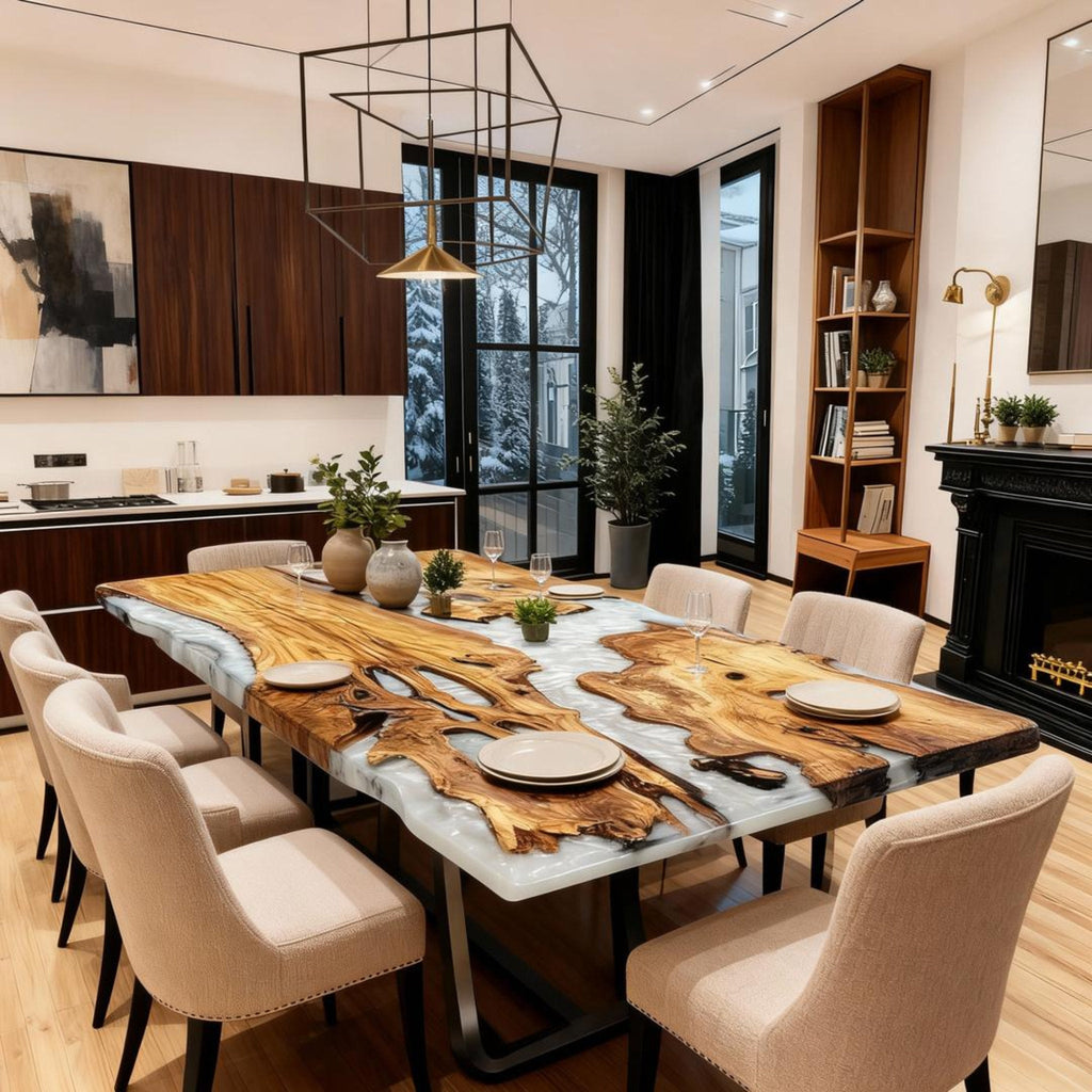 Table rivière personnalisée en bois d'olivier et résine époxy, finition perle givrée VRJ-683