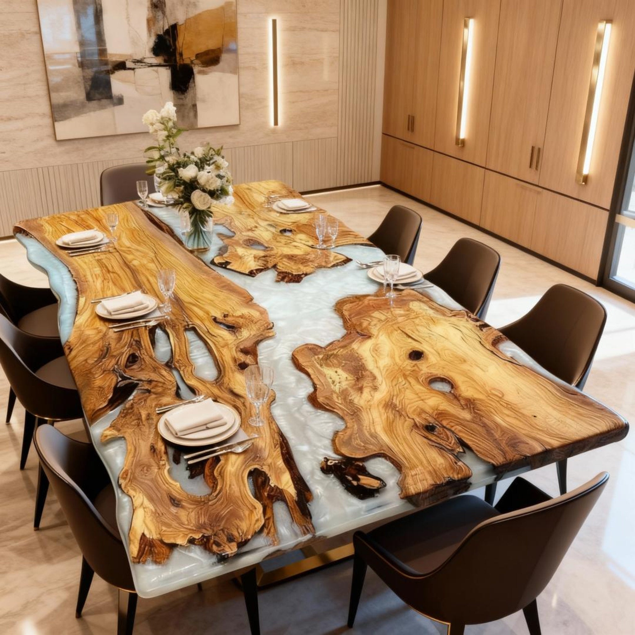 Table rivière personnalisée en bois d'olivier et résine époxy, finition perle givrée VRJ-683
