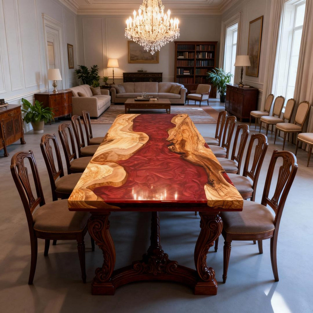 Table rivière personnalisée en bois d'olivier et résine époxy, résine grenat VQH-673