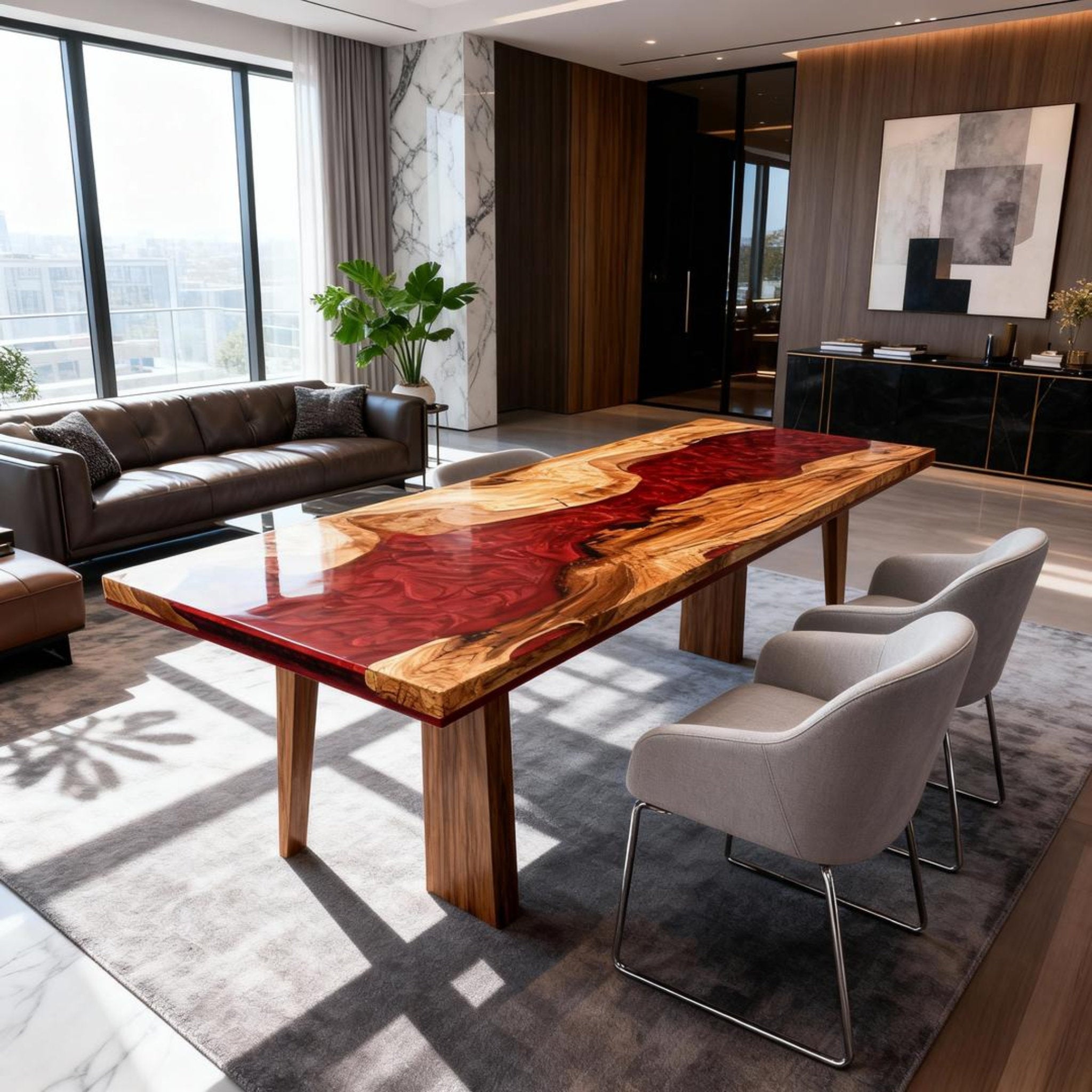 Table rivière personnalisée en bois d'olivier et résine époxy, résine grenat VQH-673