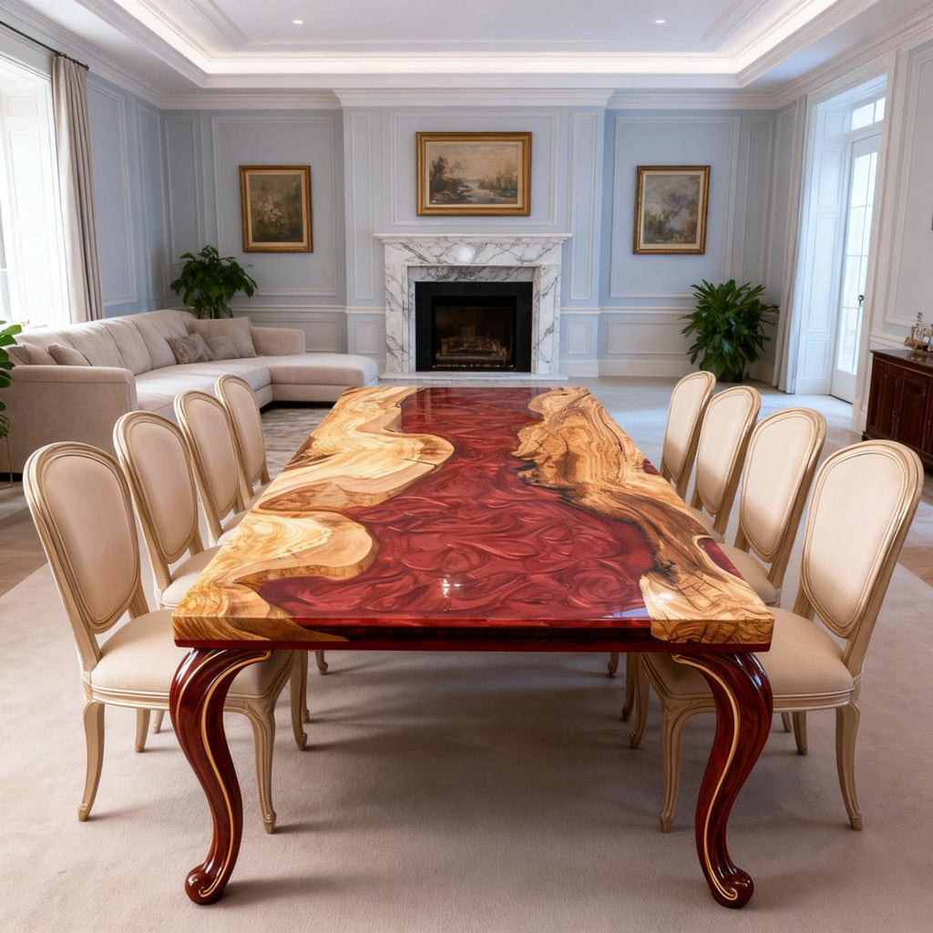 Table rivière personnalisée en bois d'olivier et résine époxy, résine grenat VQH-673