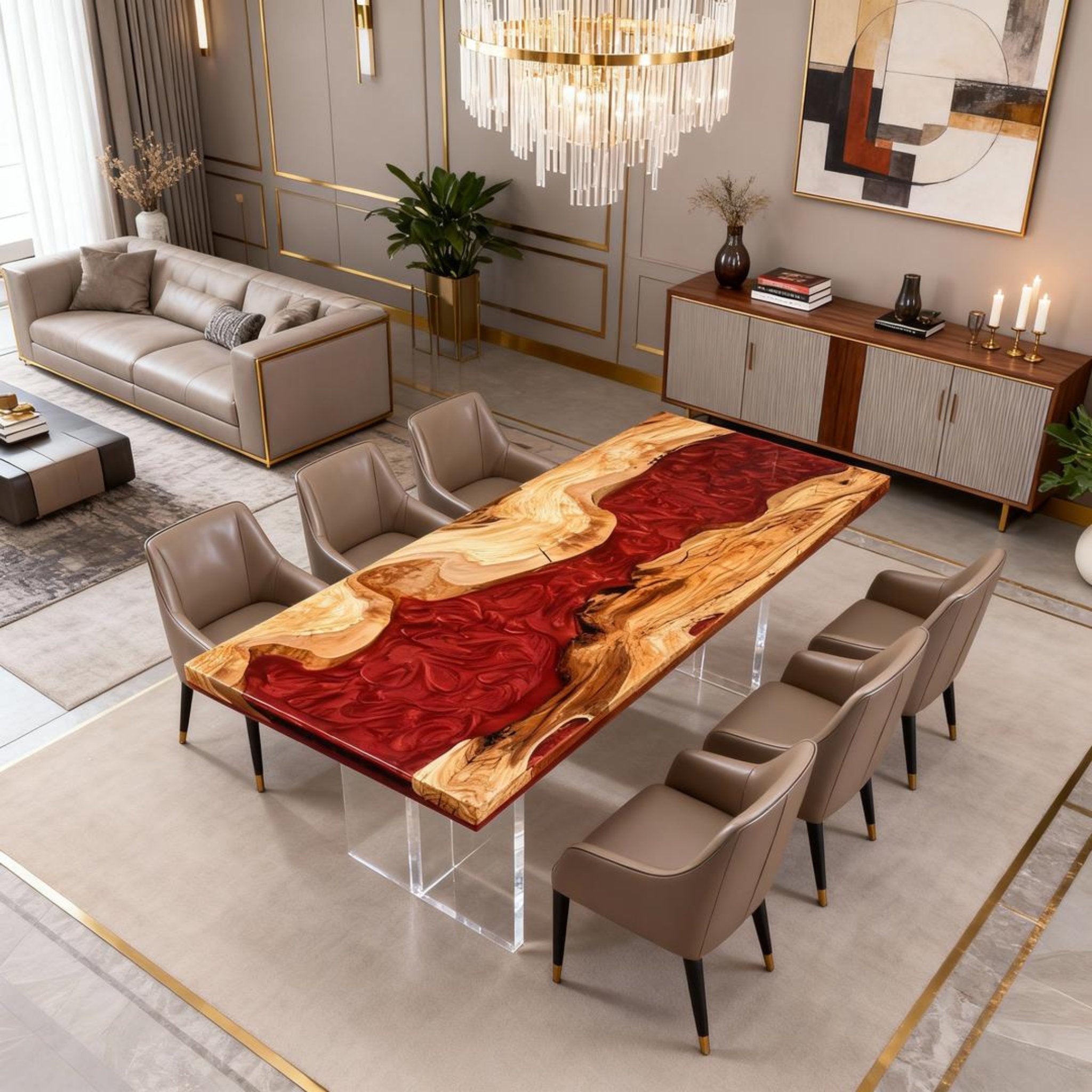 Table rivière personnalisée en bois d'olivier et résine époxy, résine grenat VQH-673