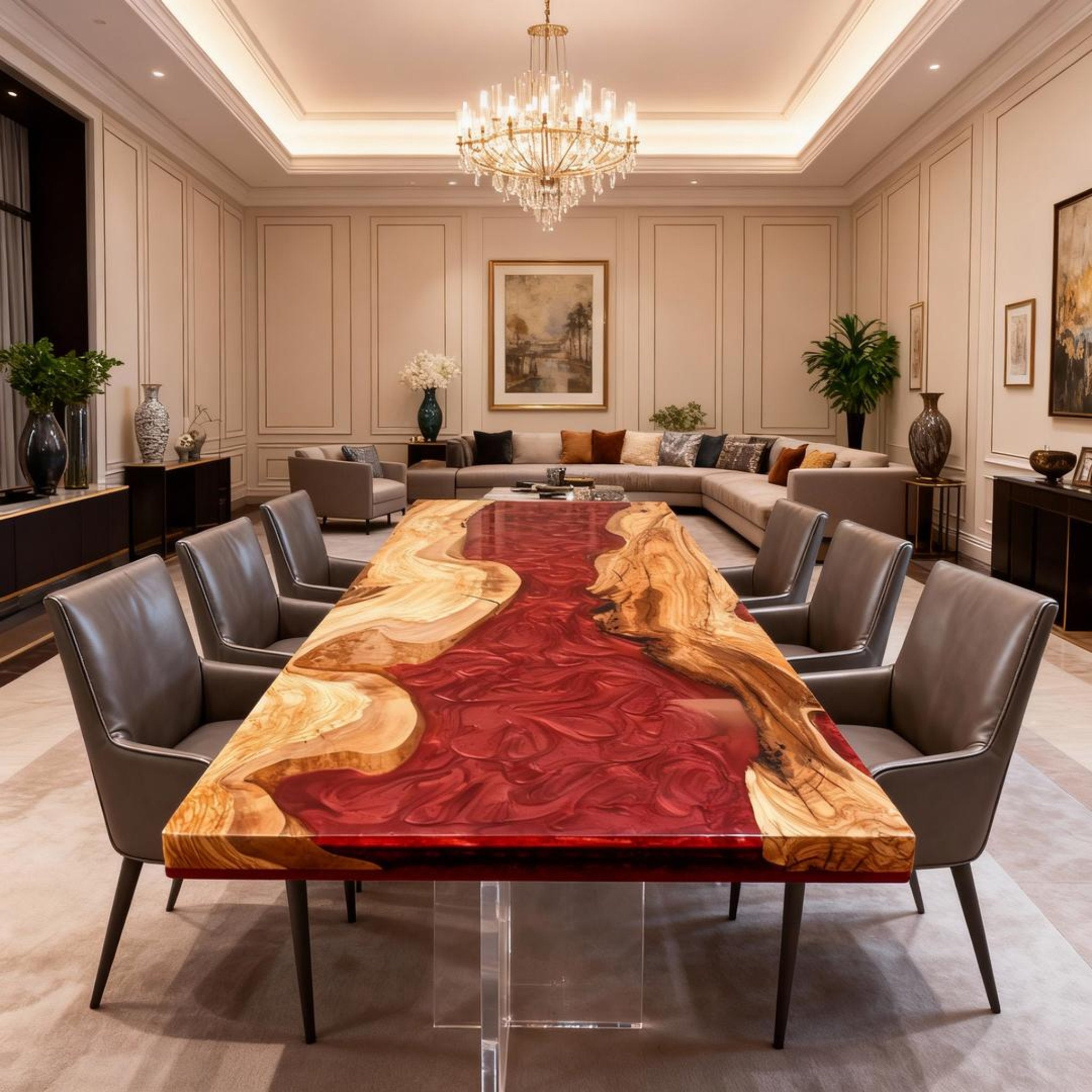 Table rivière personnalisée en bois d'olivier et résine époxy, résine grenat VQH-673