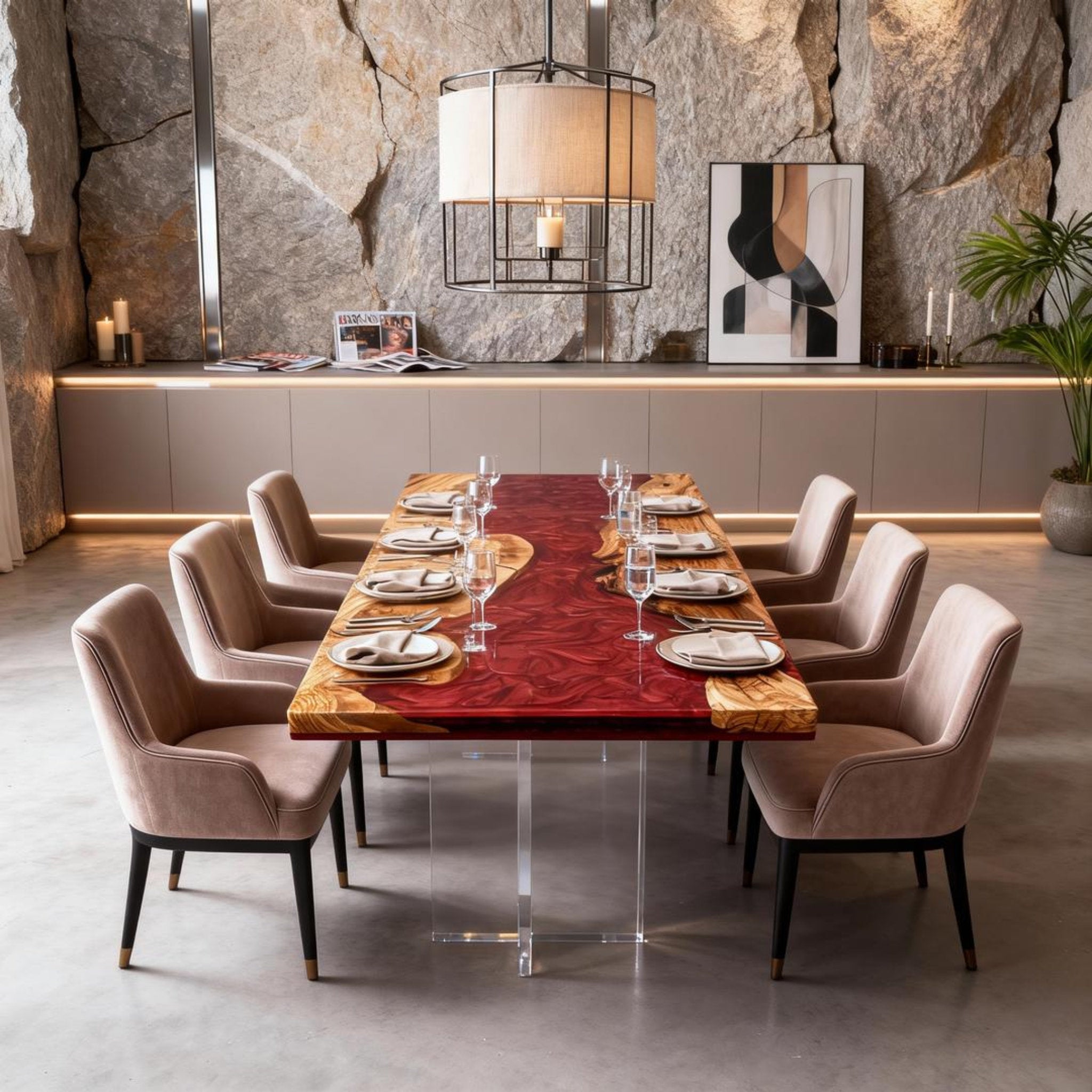 Table rivière personnalisée en bois d'olivier et résine époxy, résine grenat VQH-673