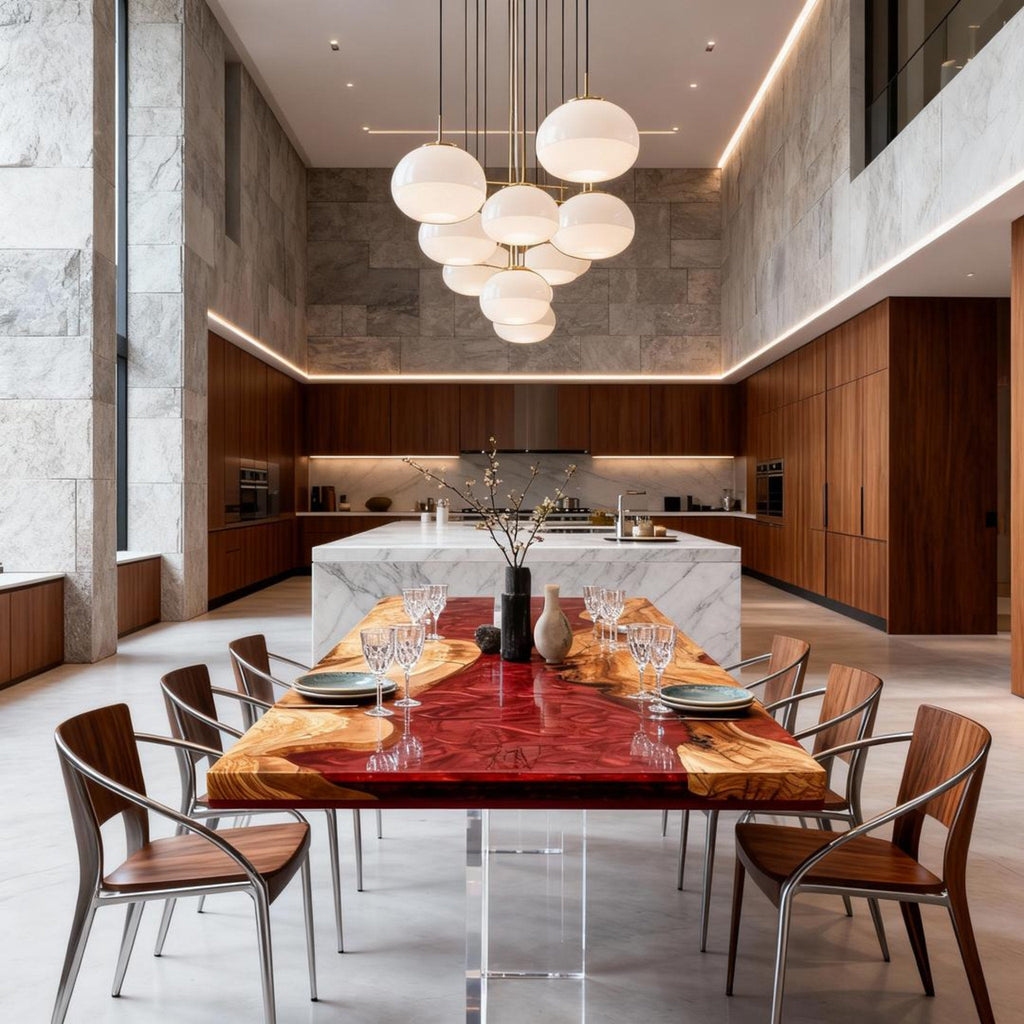 Table rivière personnalisée en bois d'olivier et résine époxy, résine grenat VQH-673