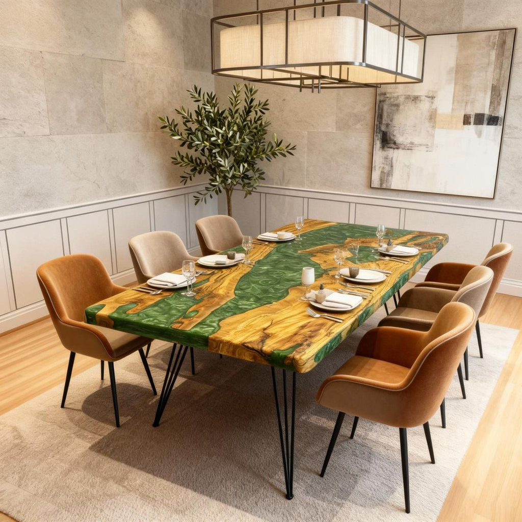 Table rivière personnalisée en bois d'olivier, résine époxy et résine jade émeraude HWB-826