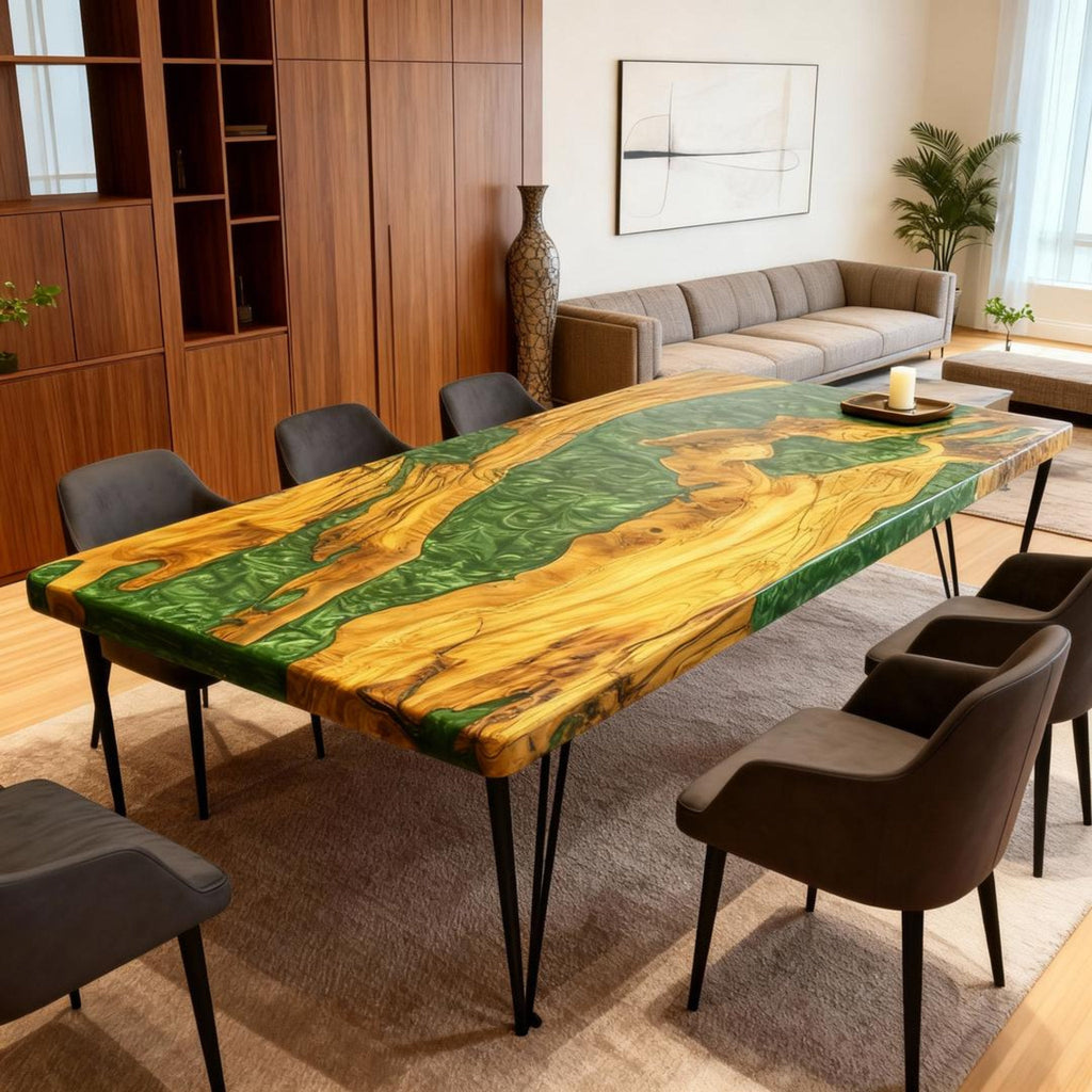 Table rivière personnalisée en bois d'olivier, résine époxy et résine jade émeraude HWB-826