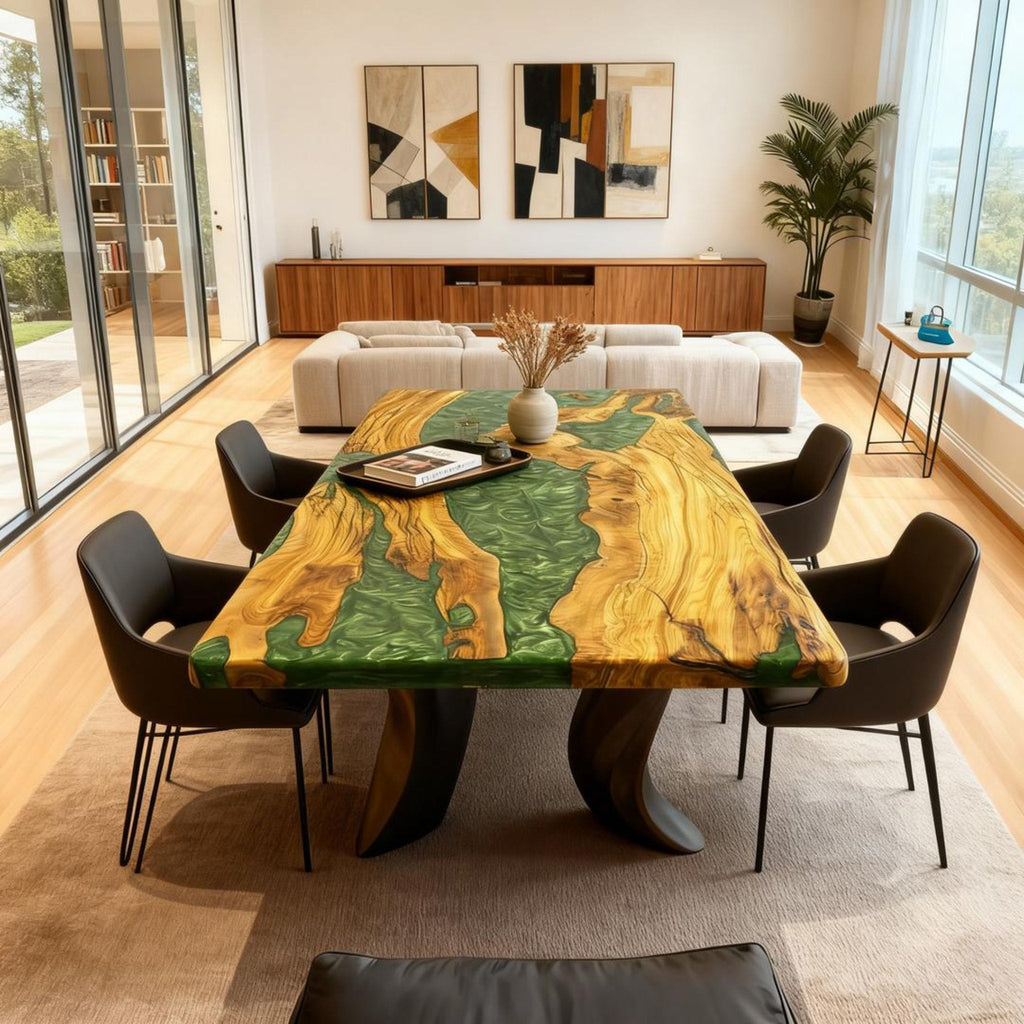 Table rivière personnalisée en bois d'olivier, résine époxy et résine jade émeraude HWB-826