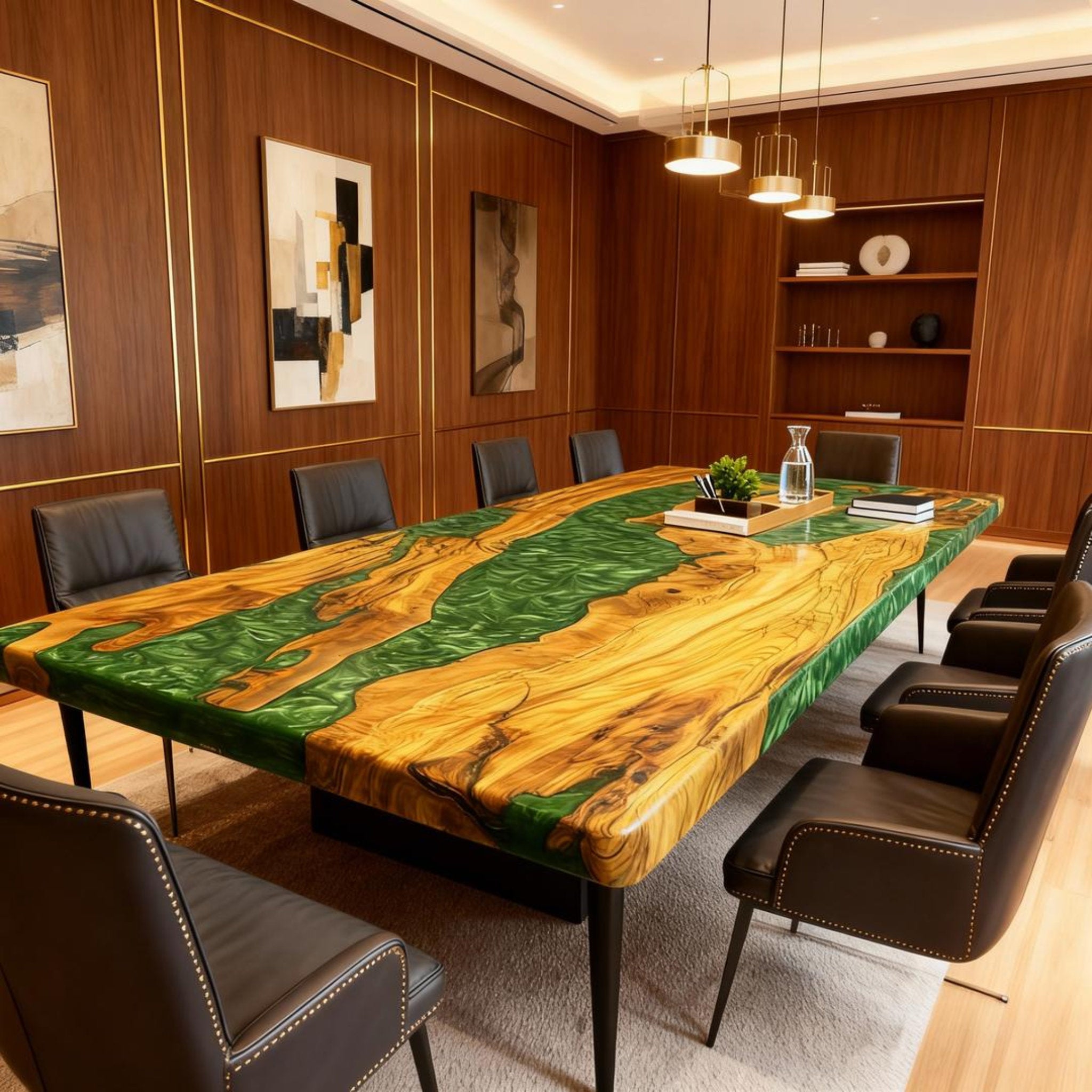 Table rivière personnalisée en bois d'olivier, résine époxy et résine jade émeraude HWB-826