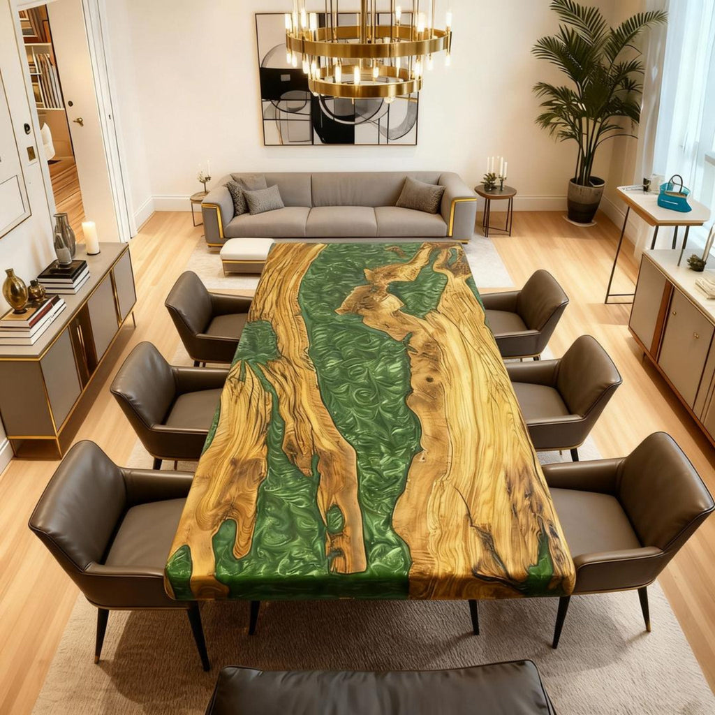 Table rivière personnalisée en bois d'olivier, résine époxy et résine jade émeraude HWB-826
