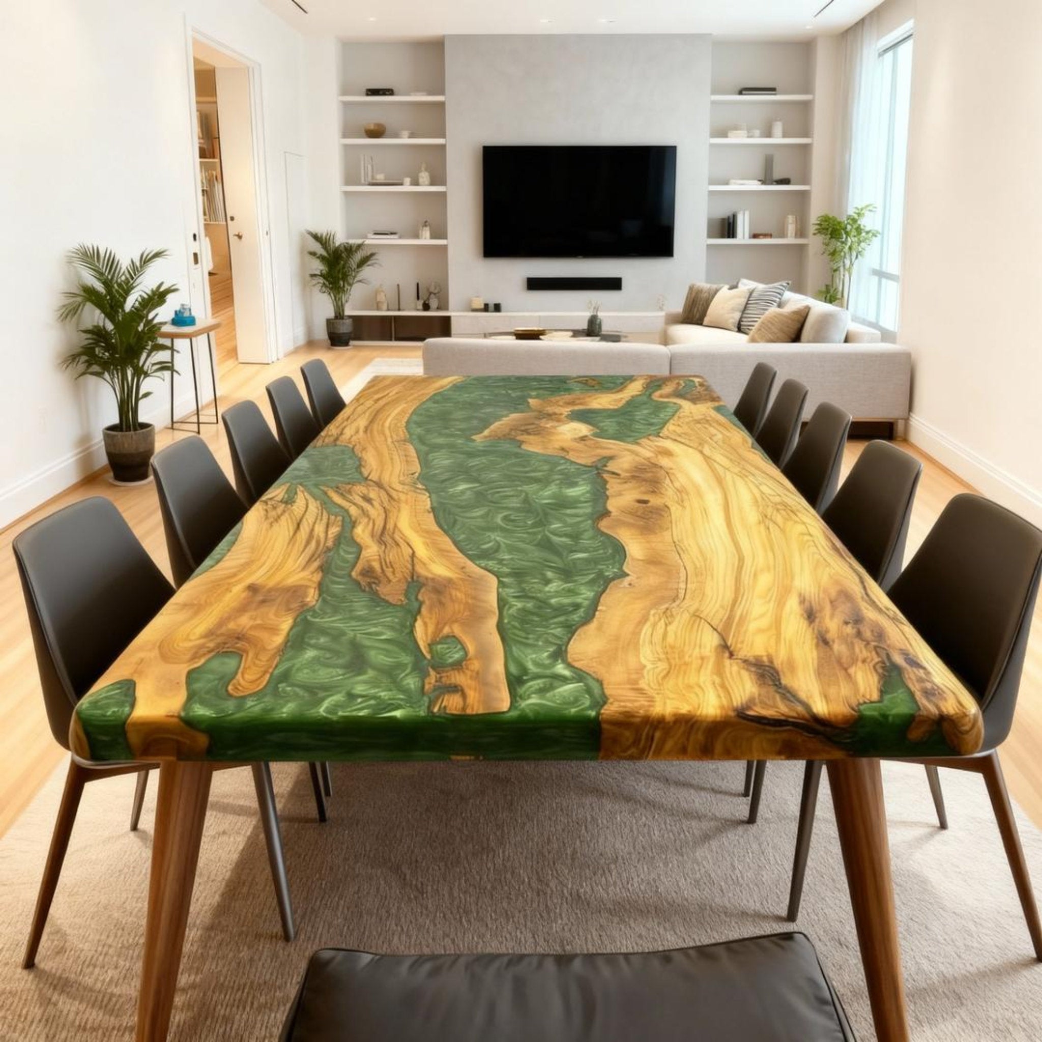 Table rivière personnalisée en bois d'olivier, résine époxy et résine jade émeraude HWB-826