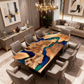 Table rivière personnalisée en bois d'olivier et résine époxy, bleu nuit et vert jade QNZ-582