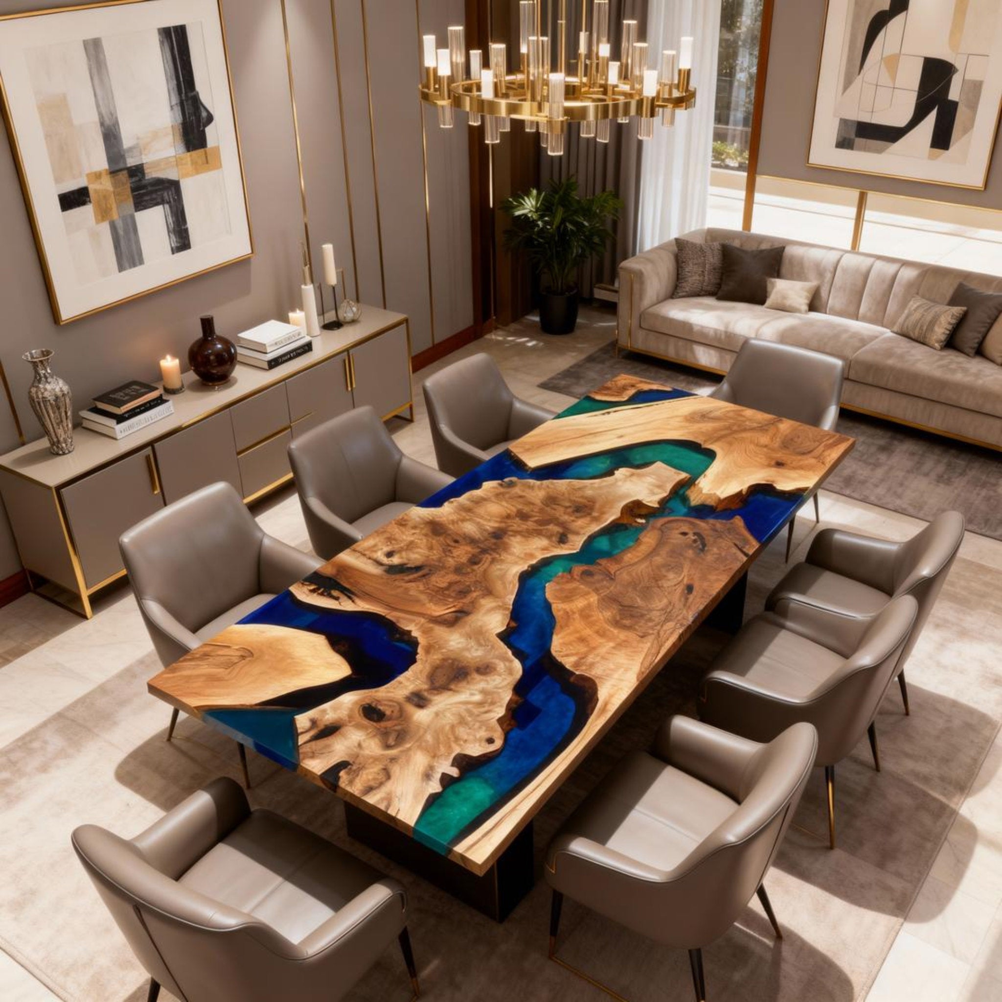 Table rivière personnalisée en bois d'olivier et résine époxy, bleu nuit et vert jade QNZ-582