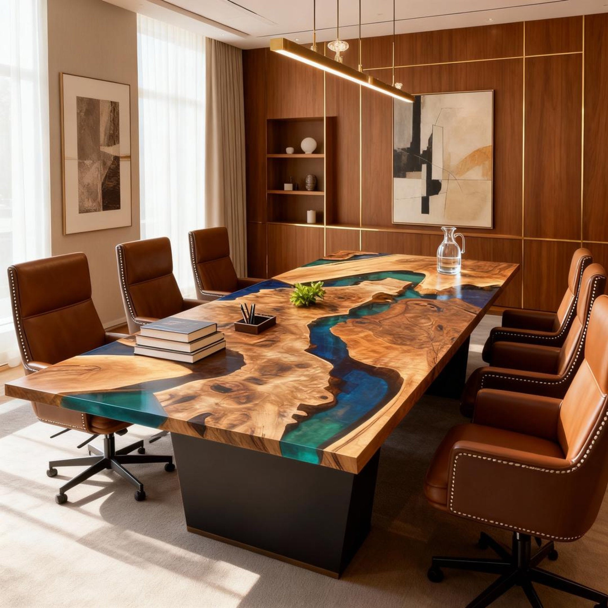 Table rivière personnalisée en bois d'olivier et résine époxy, bleu nuit et vert jade QNZ-582