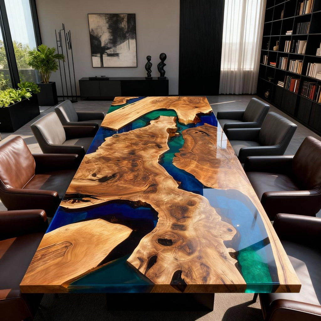 Table rivière personnalisée en bois d'olivier et résine époxy, bleu nuit et vert jade QNZ-582