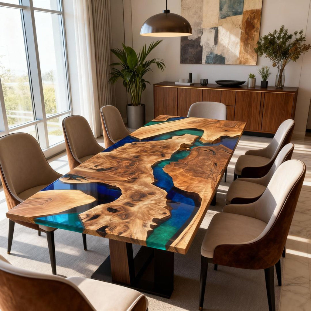 Table rivière personnalisée en bois d'olivier et résine époxy, bleu nuit et vert jade QNZ-582