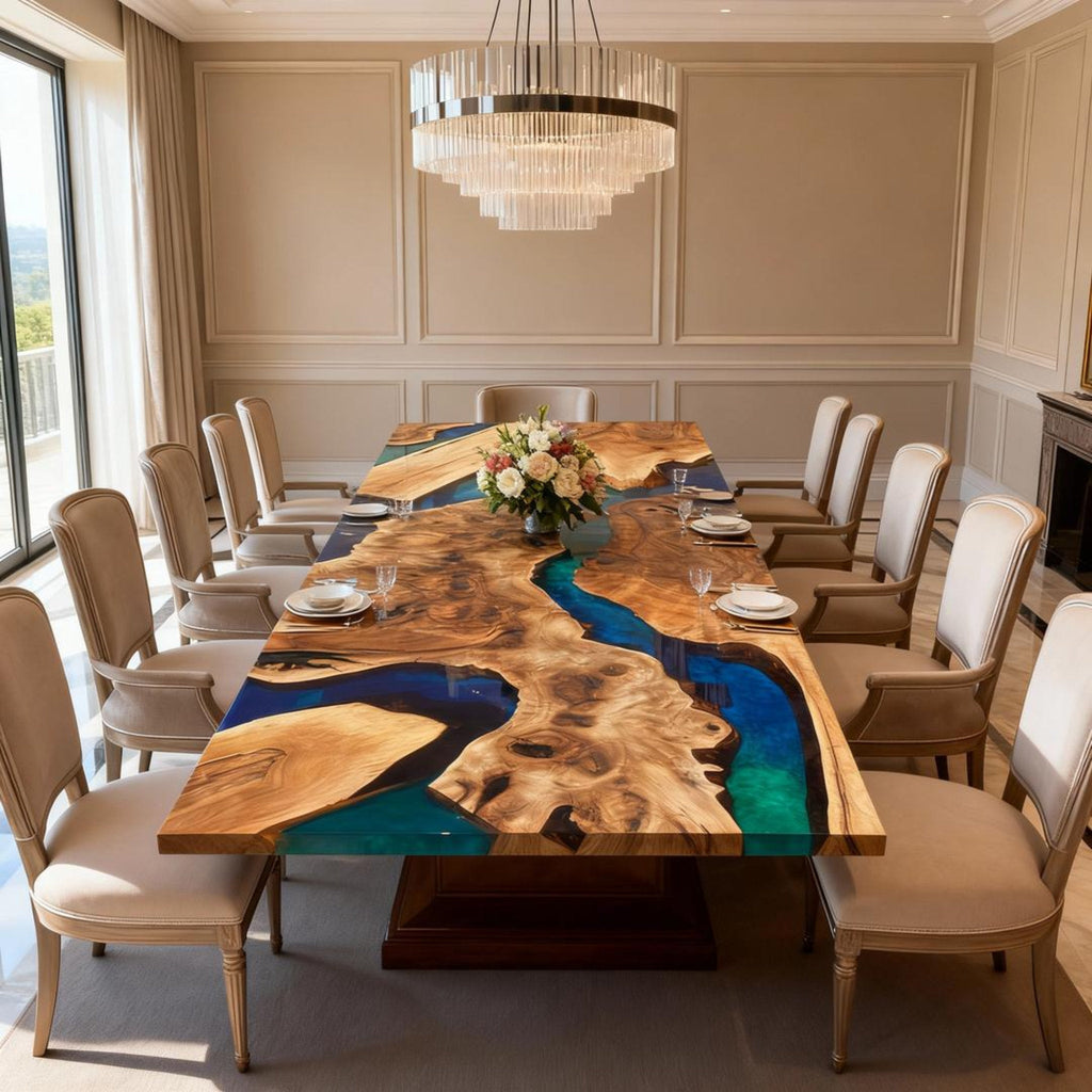 Table rivière personnalisée en bois d'olivier et résine époxy, bleu nuit et vert jade QNZ-582