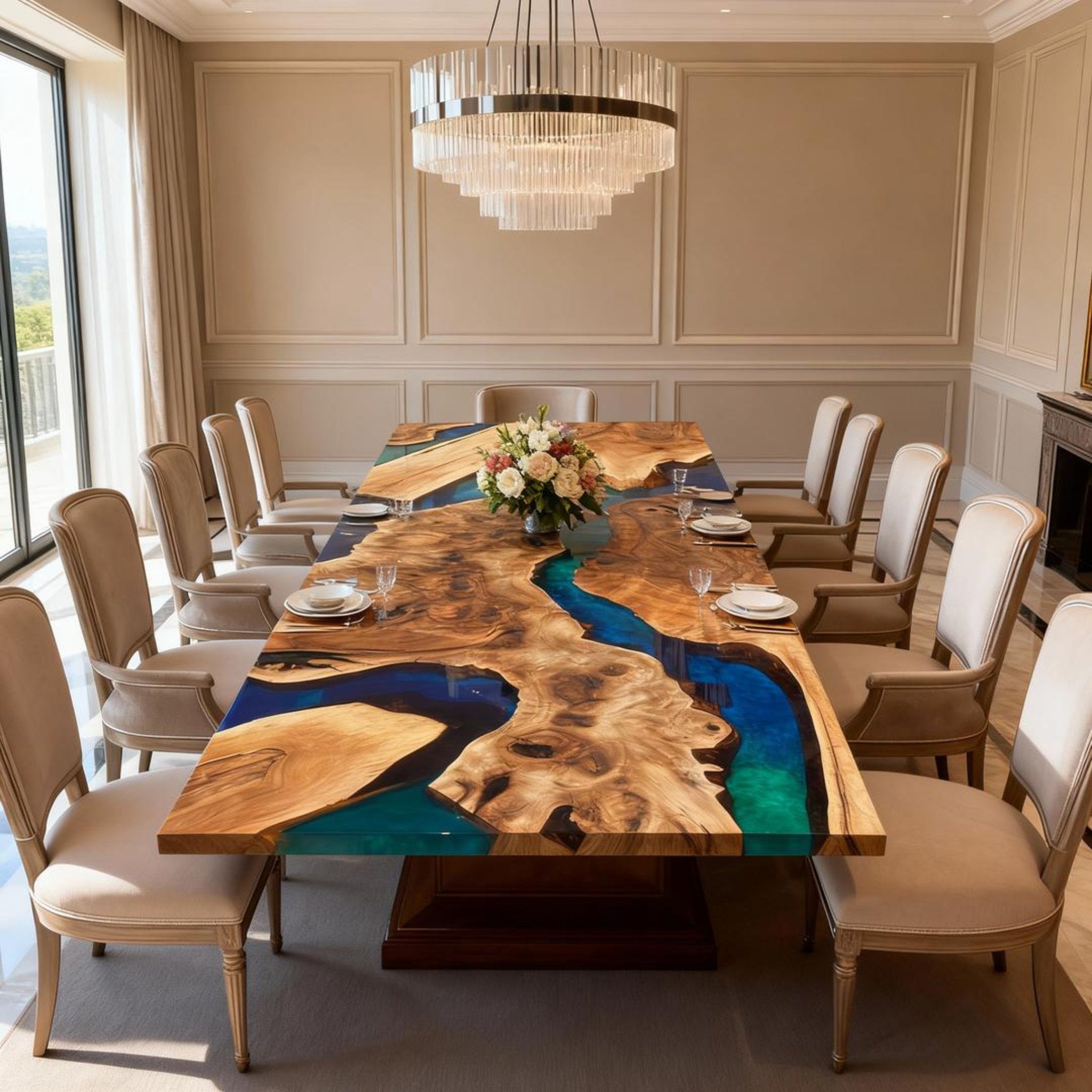 Table rivière personnalisée en bois d'olivier et résine époxy, bleu nuit et vert jade QNZ-582