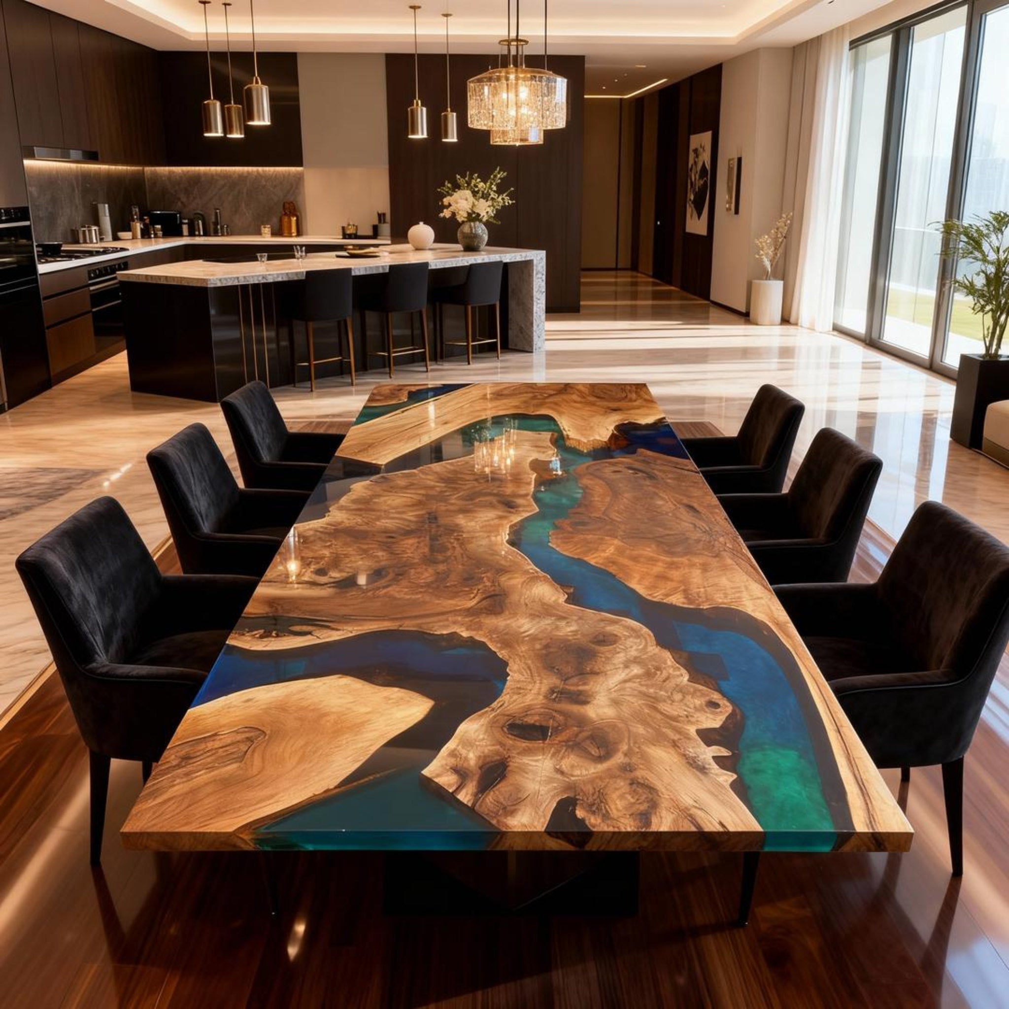 Table rivière personnalisée en bois d'olivier et résine époxy, bleu nuit et vert jade QNZ-582