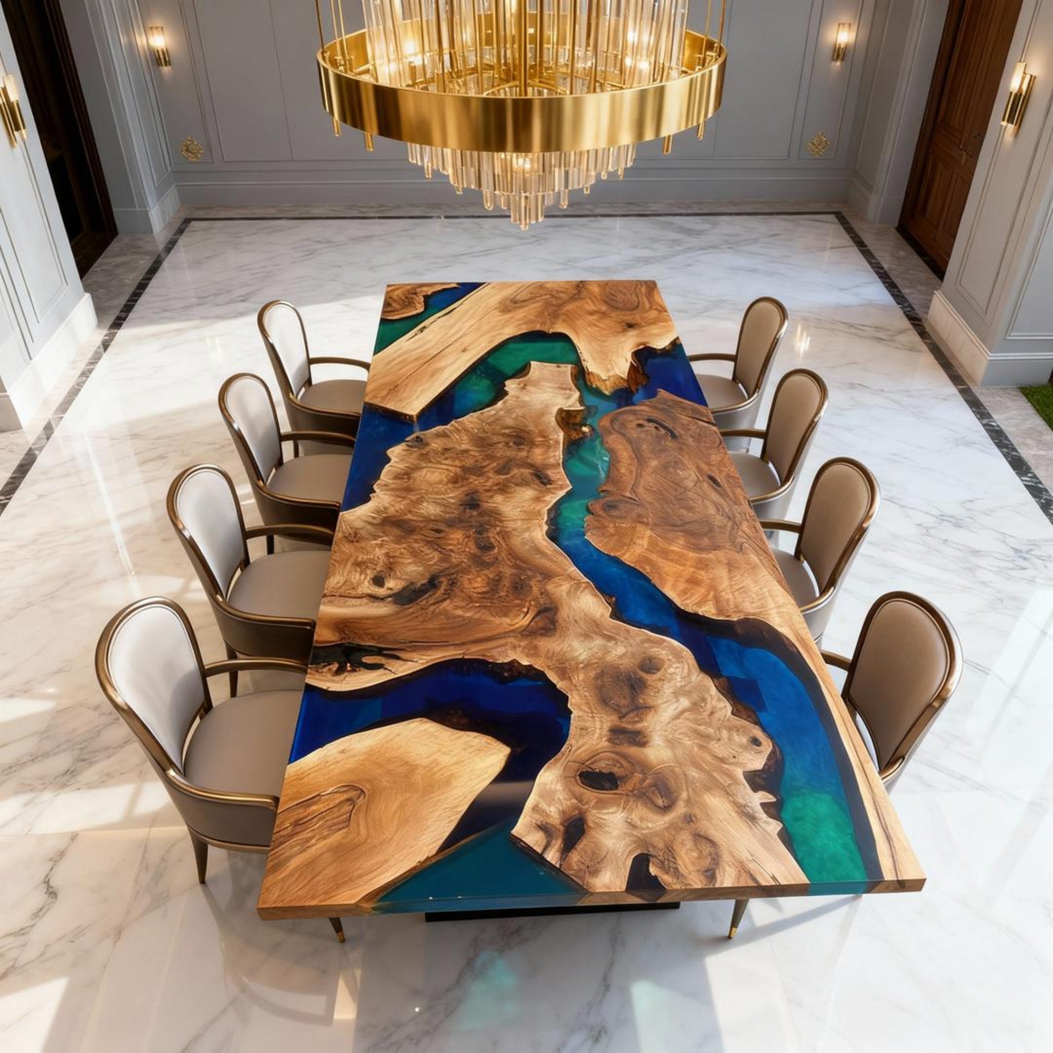 Table rivière personnalisée en bois d'olivier et résine époxy, bleu nuit et vert jade QNZ-582