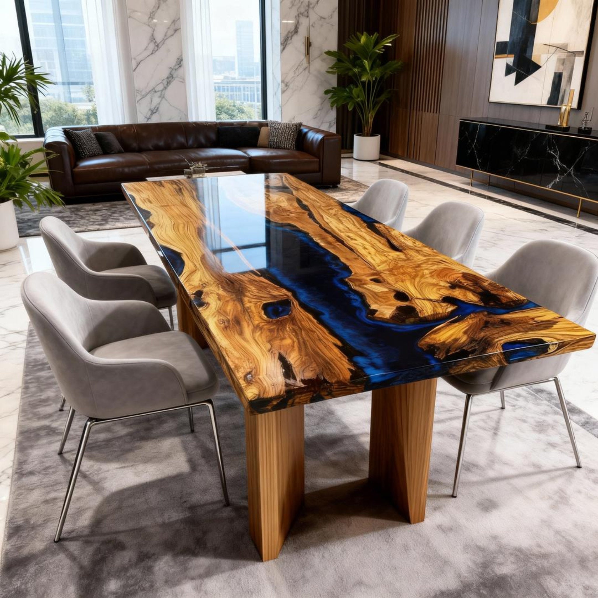 Table rivière personnalisée en résine époxy et bois d'olivier, bleu cobalt nuit, ZQP-742