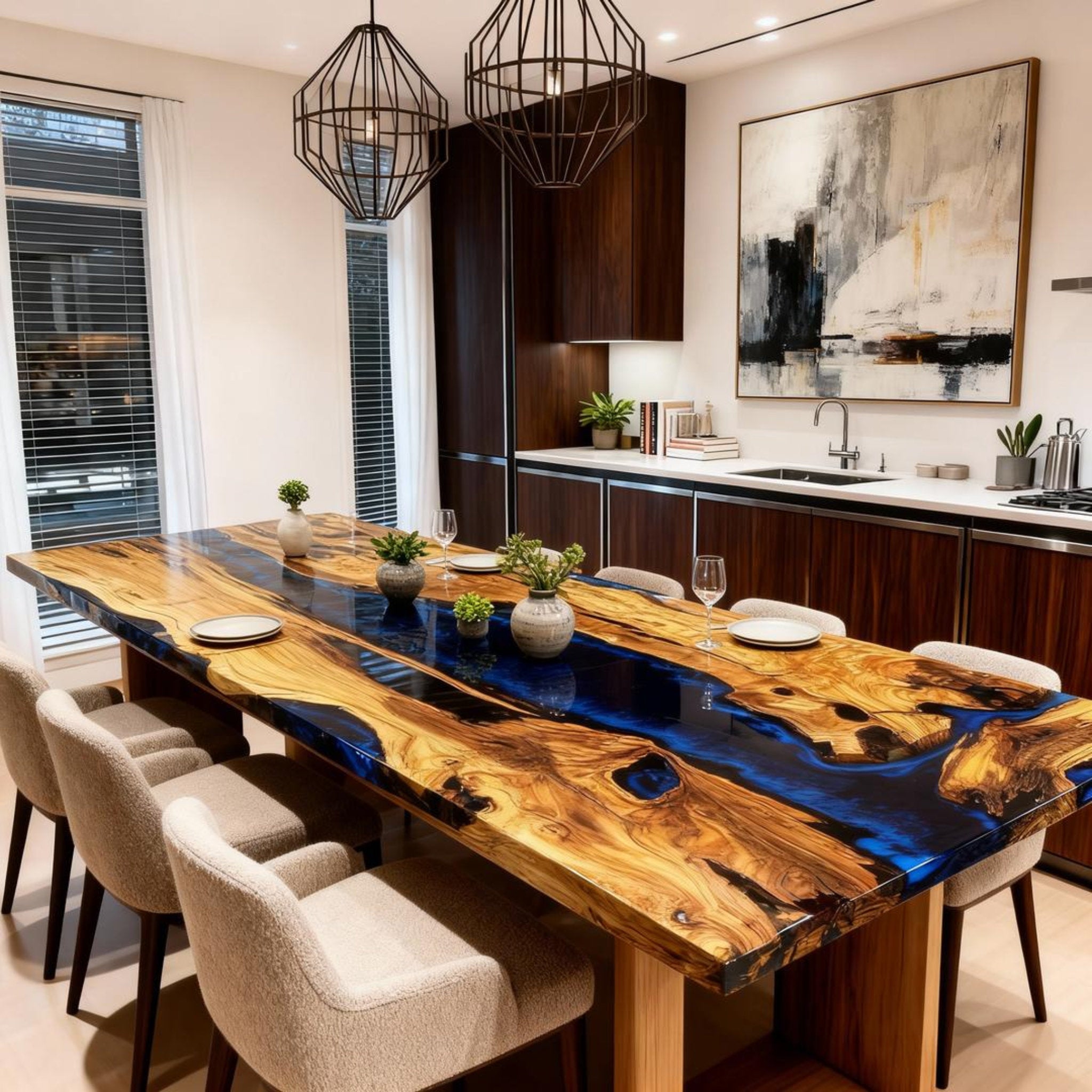 Table rivière personnalisée en résine époxy et bois d'olivier, bleu cobalt nuit, ZQP-742