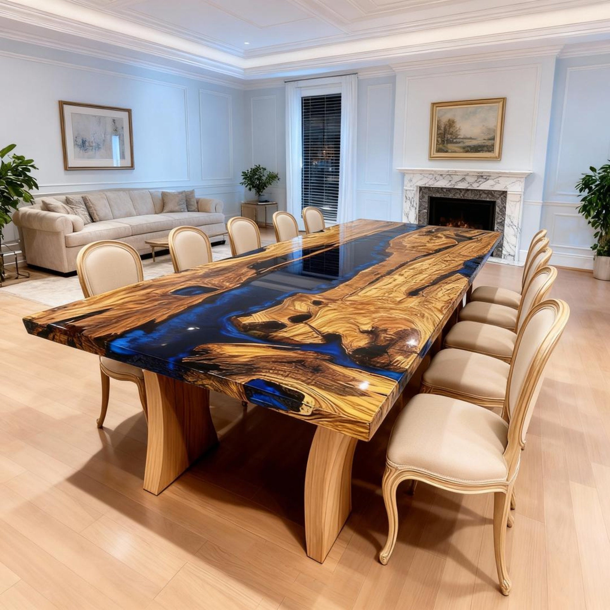 Table rivière personnalisée en résine époxy et bois d'olivier, bleu cobalt nuit, ZQP-742