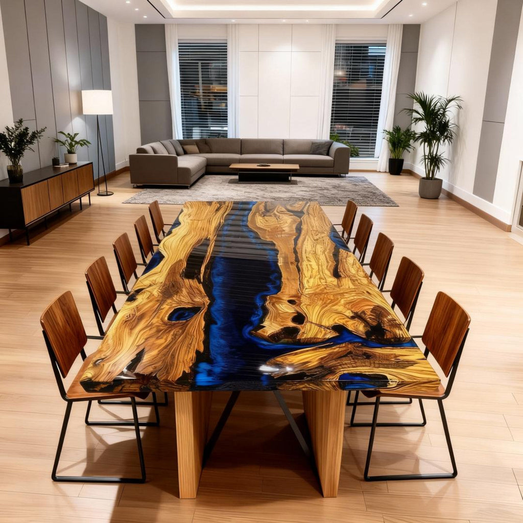 Table rivière personnalisée en résine époxy et bois d'olivier, bleu cobalt nuit, ZQP-742