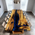 Table rivière personnalisée en résine époxy et bois d'olivier, bleu cobalt nuit, ZQP-742