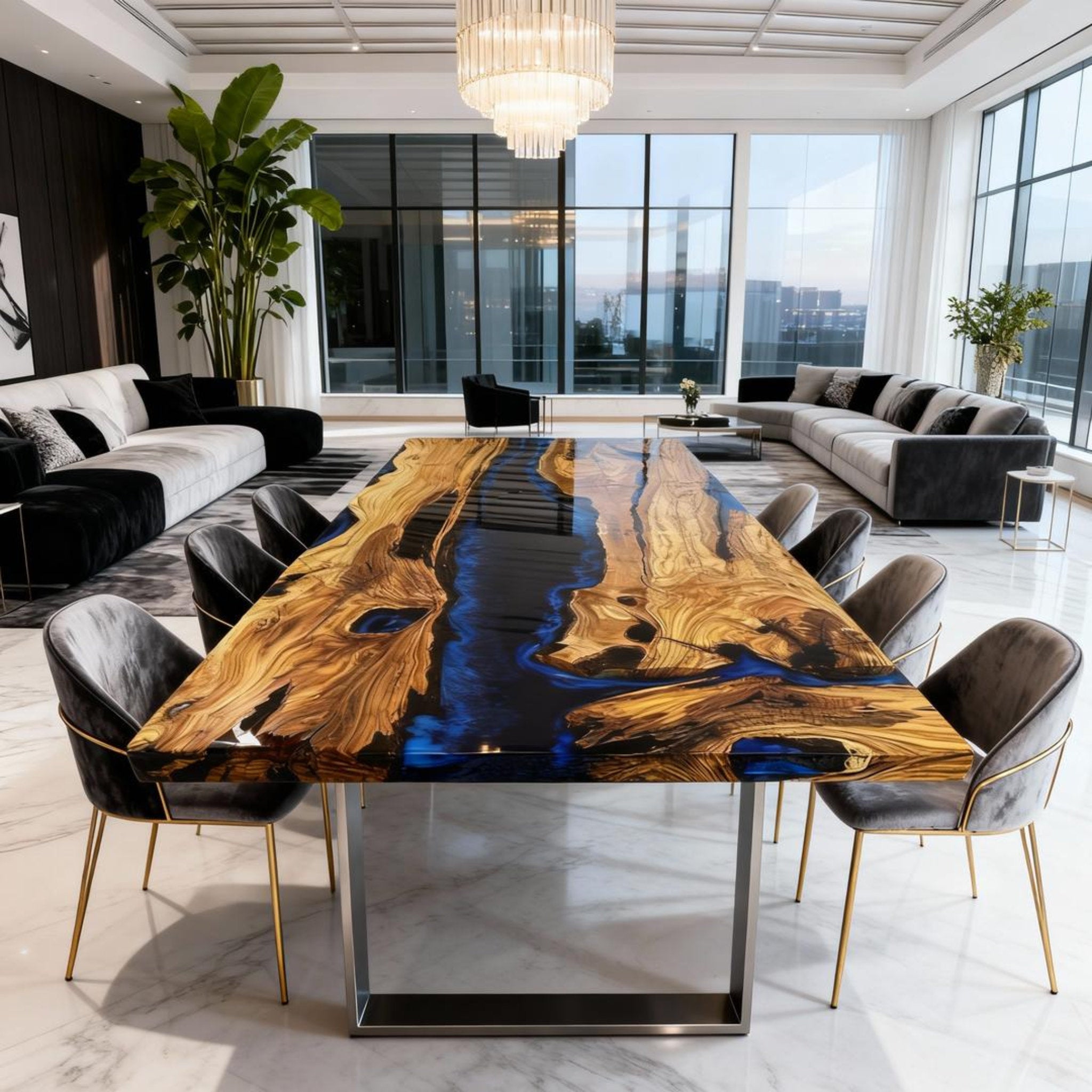 Table rivière personnalisée en résine époxy et bois d'olivier, bleu cobalt nuit, ZQP-742