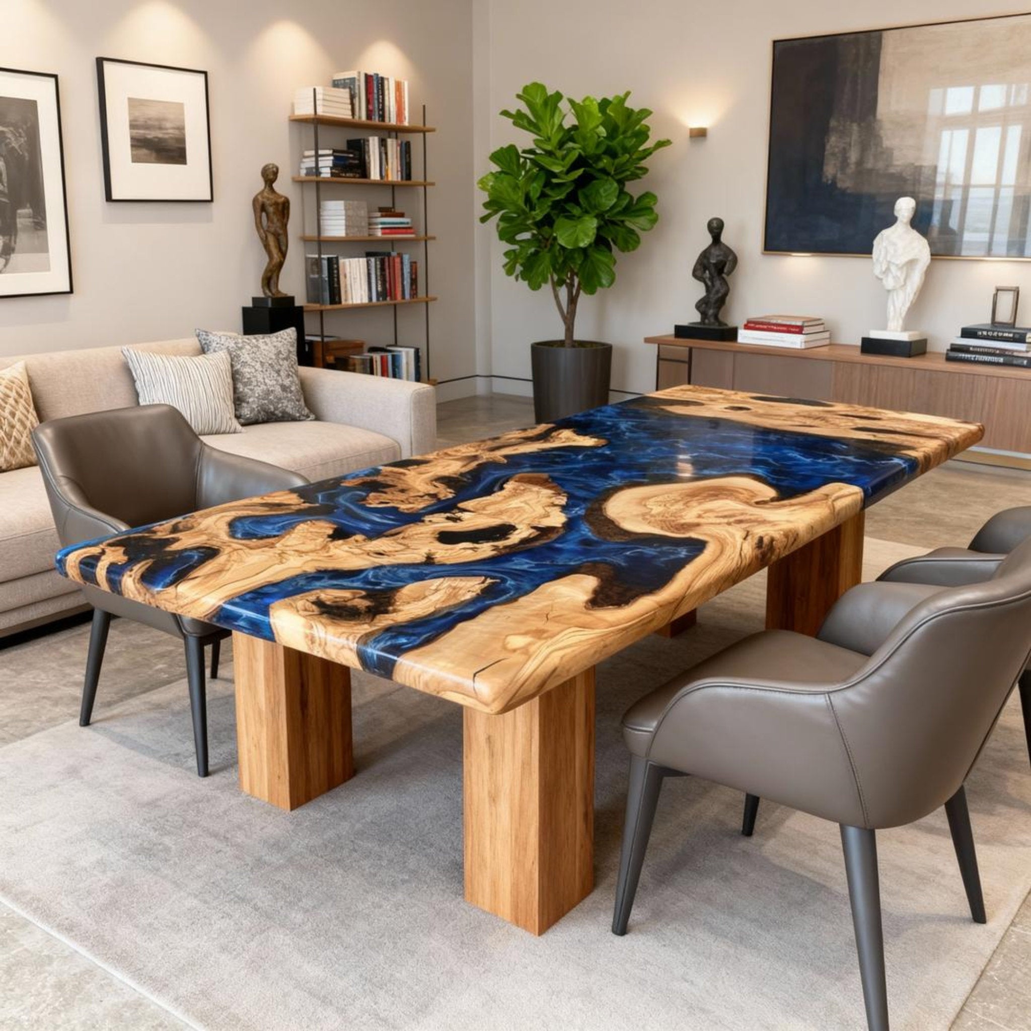 Table rivière personnalisée en résine époxy et bois d'olivier, coloris Midnight Navy, référence JPN-743