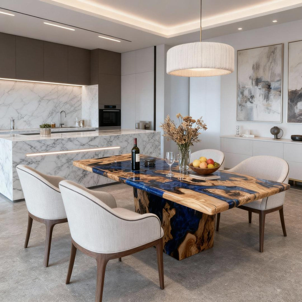 Table rivière personnalisée en résine époxy et bois d'olivier, coloris Midnight Navy, référence JPN-743