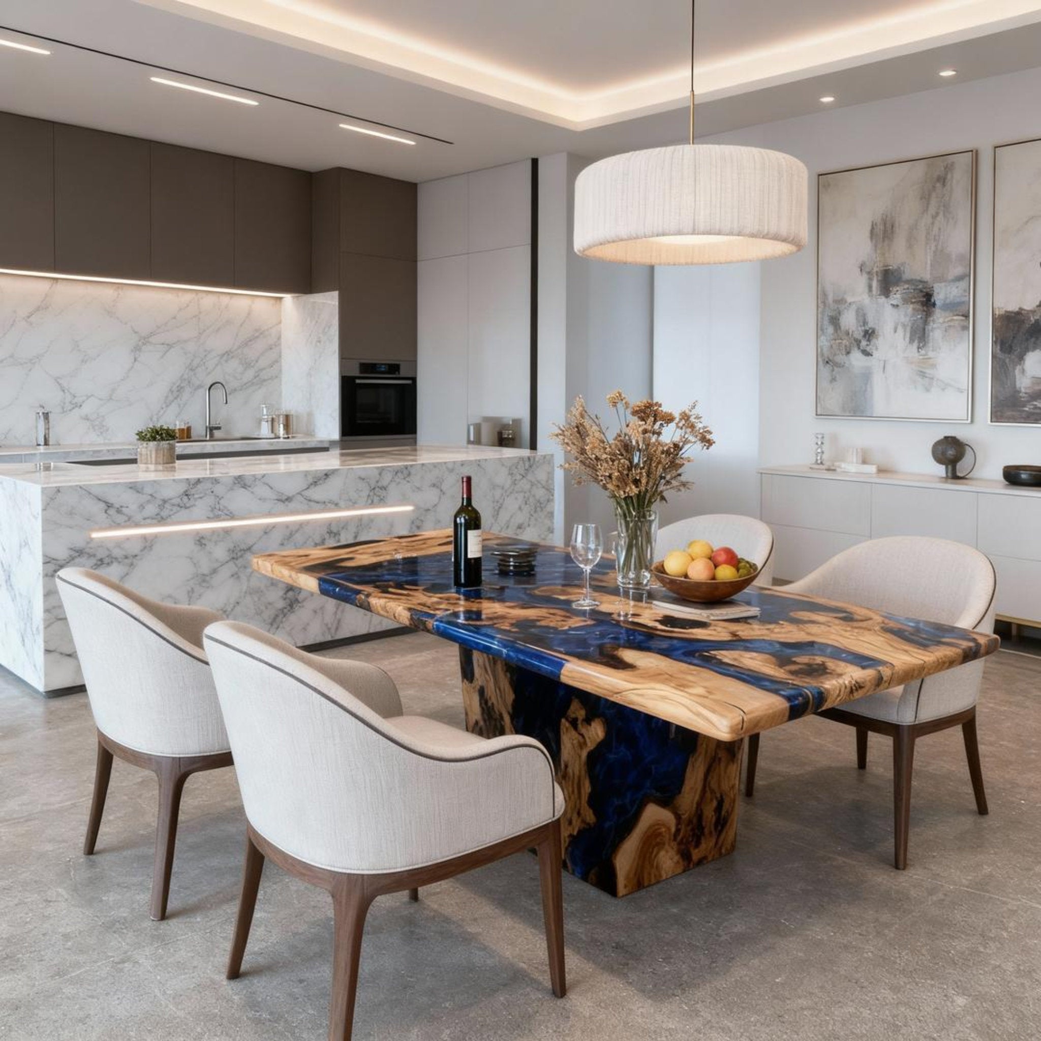 Table rivière personnalisée en résine époxy et bois d'olivier, coloris Midnight Navy, référence JPN-743