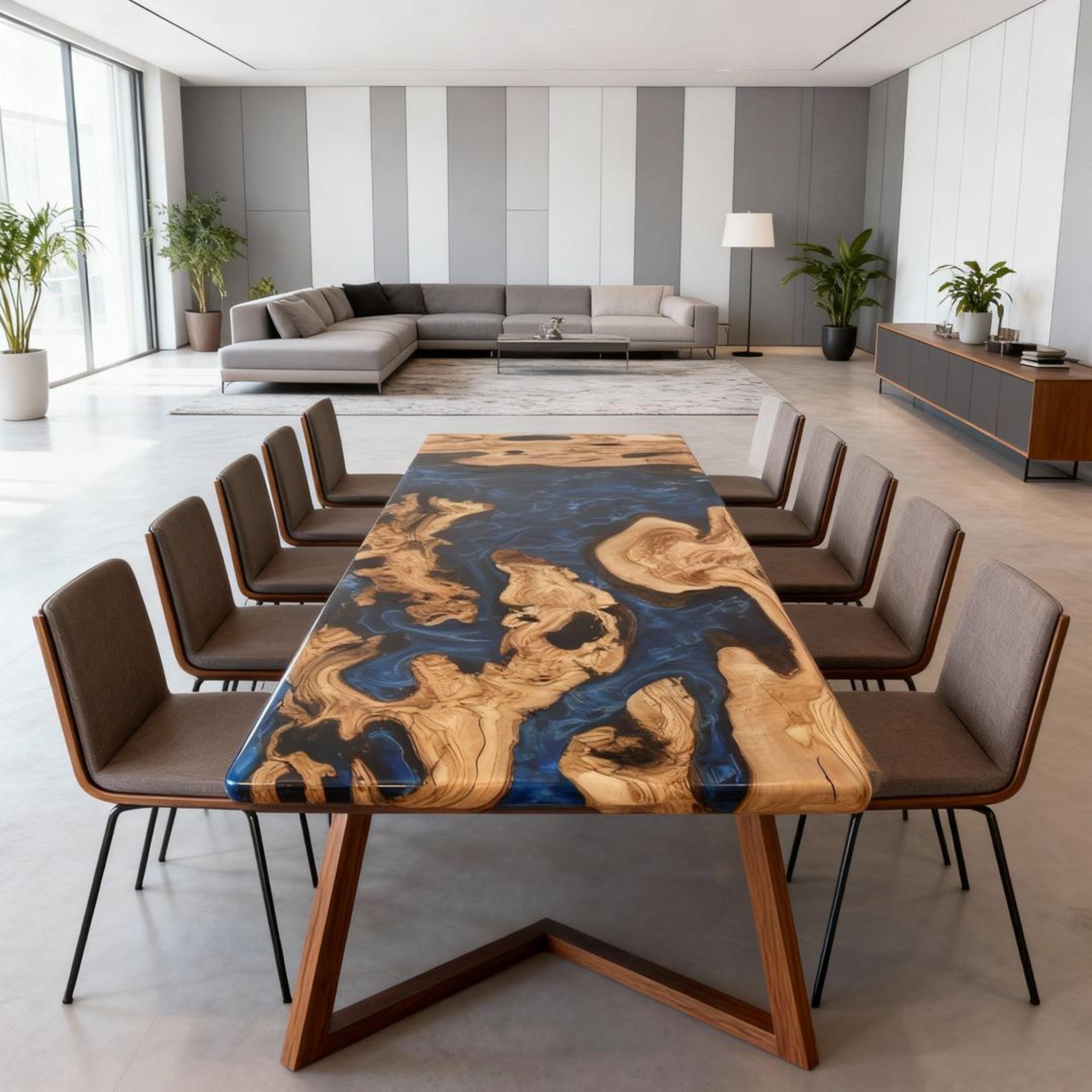 Table rivière personnalisée en résine époxy et bois d'olivier, coloris Midnight Navy, référence JPN-743