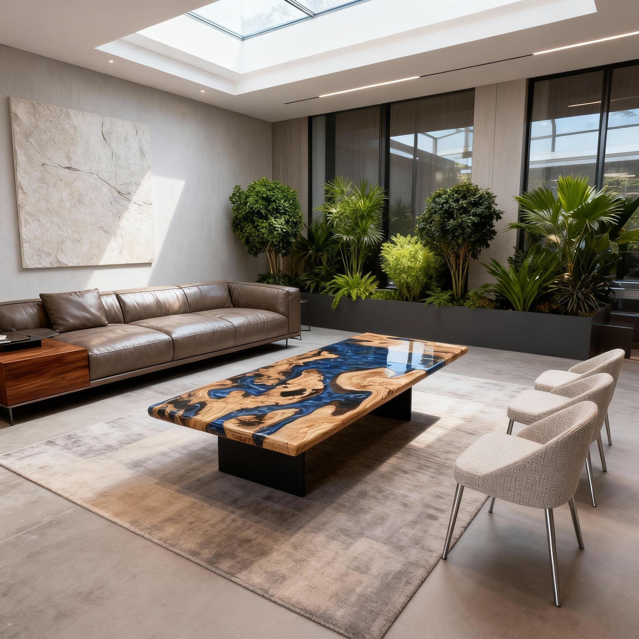 Table rivière personnalisée en résine époxy et bois d'olivier, coloris Midnight Navy, référence JPN-743