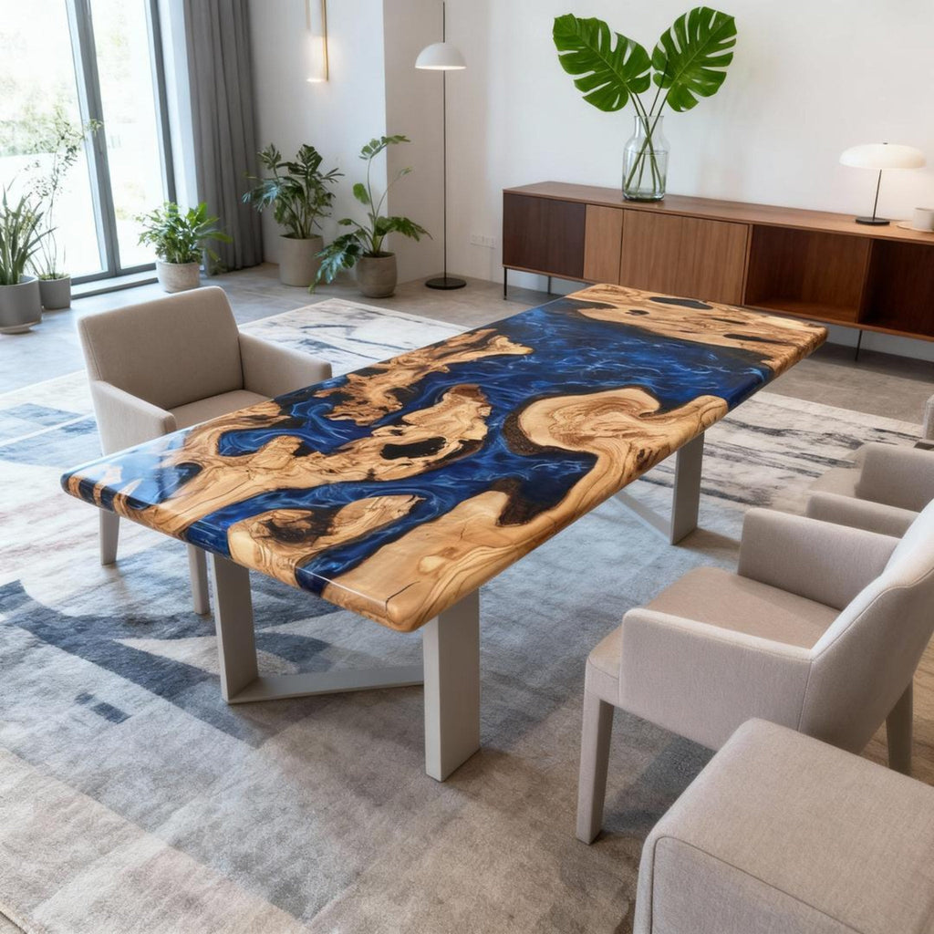 Table rivière personnalisée en résine époxy et bois d'olivier, coloris Midnight Navy, référence JPN-743