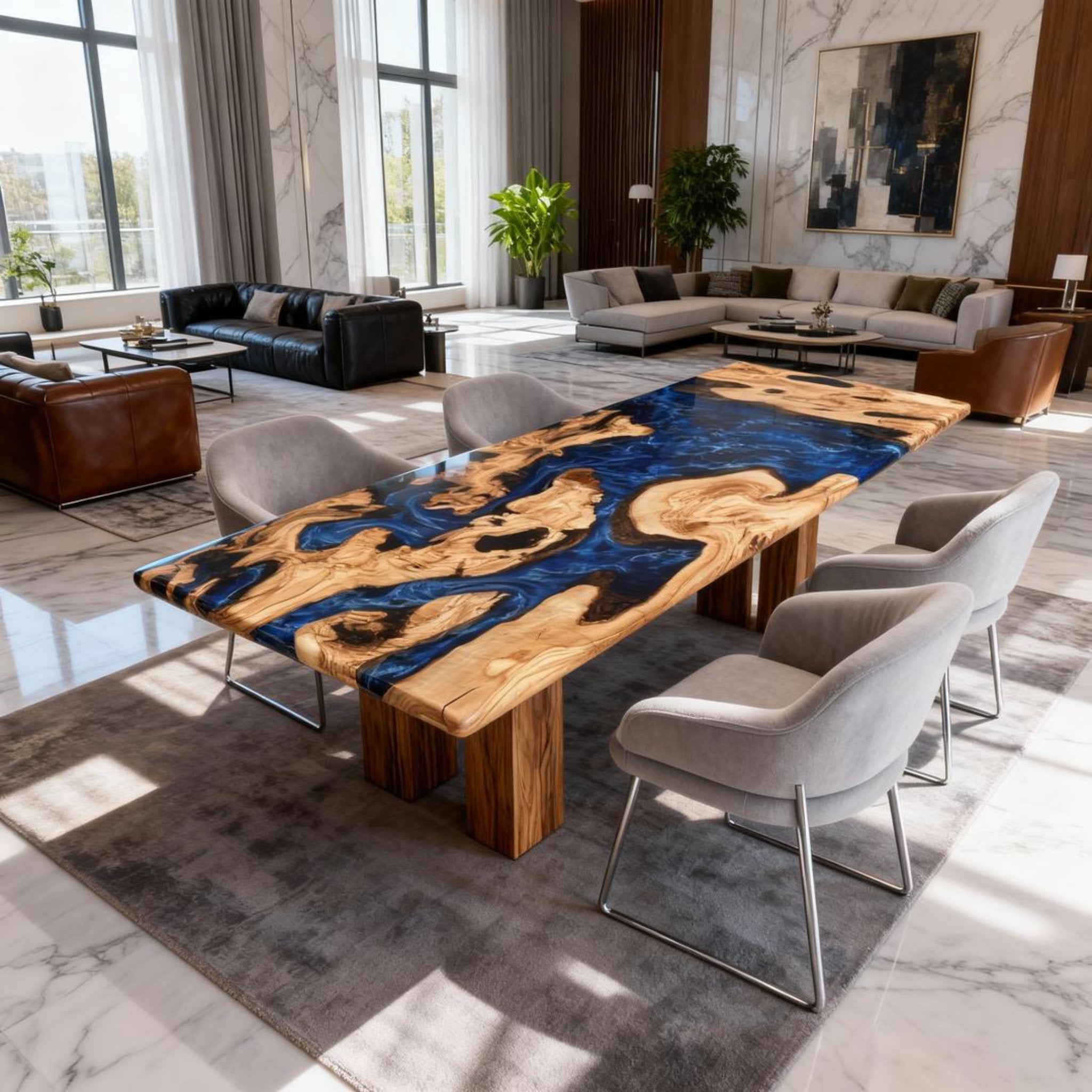 Table rivière personnalisée en résine époxy et bois d'olivier, coloris Midnight Navy, référence JPN-743