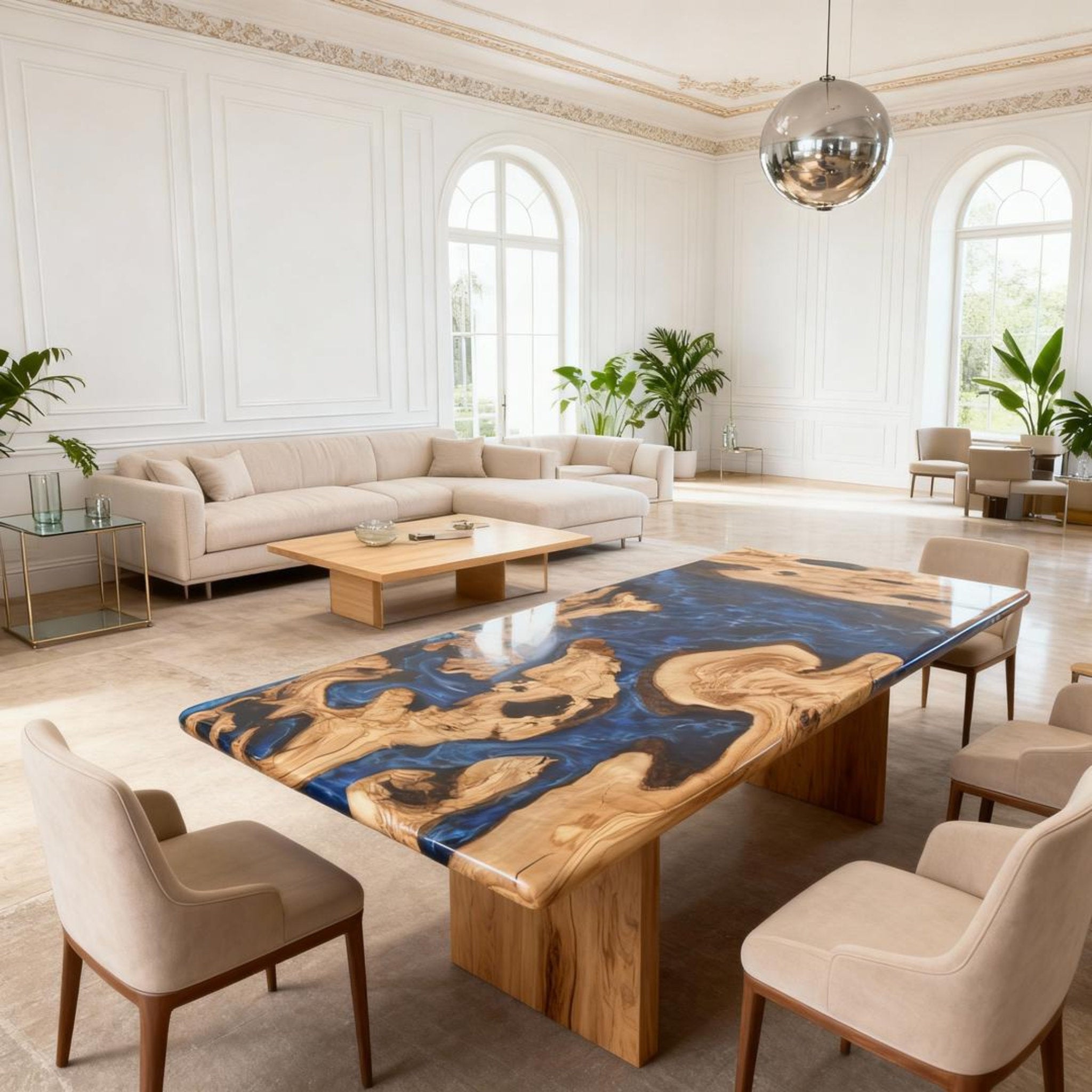 Table rivière personnalisée en résine époxy et bois d'olivier, coloris Midnight Navy, référence JPN-743