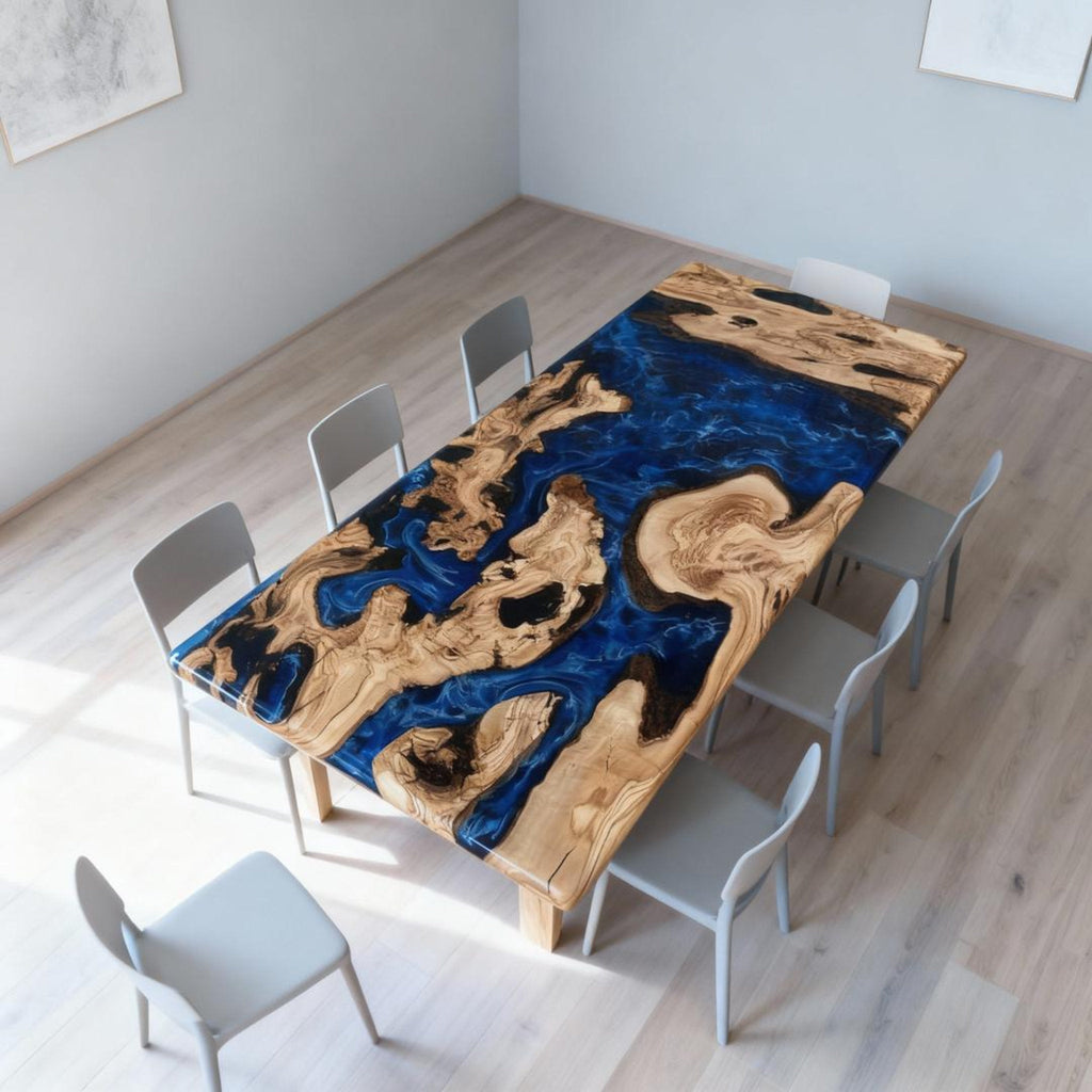 Table rivière personnalisée en résine époxy et bois d'olivier, coloris Midnight Navy, référence JPN-743