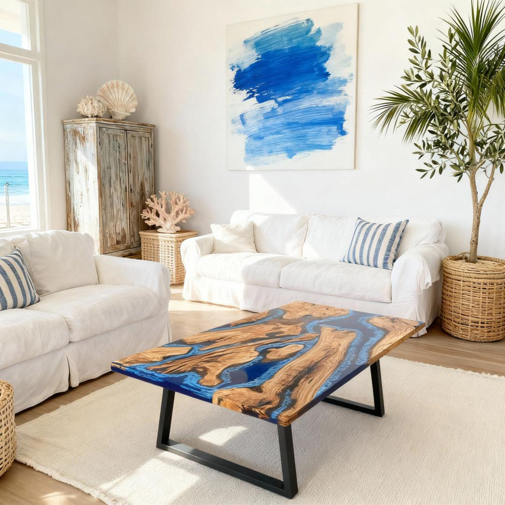 Table rivière personnalisée en résine époxy et bois d'olivier, coloris Midnight à bleu cobalt, référence VQX-472