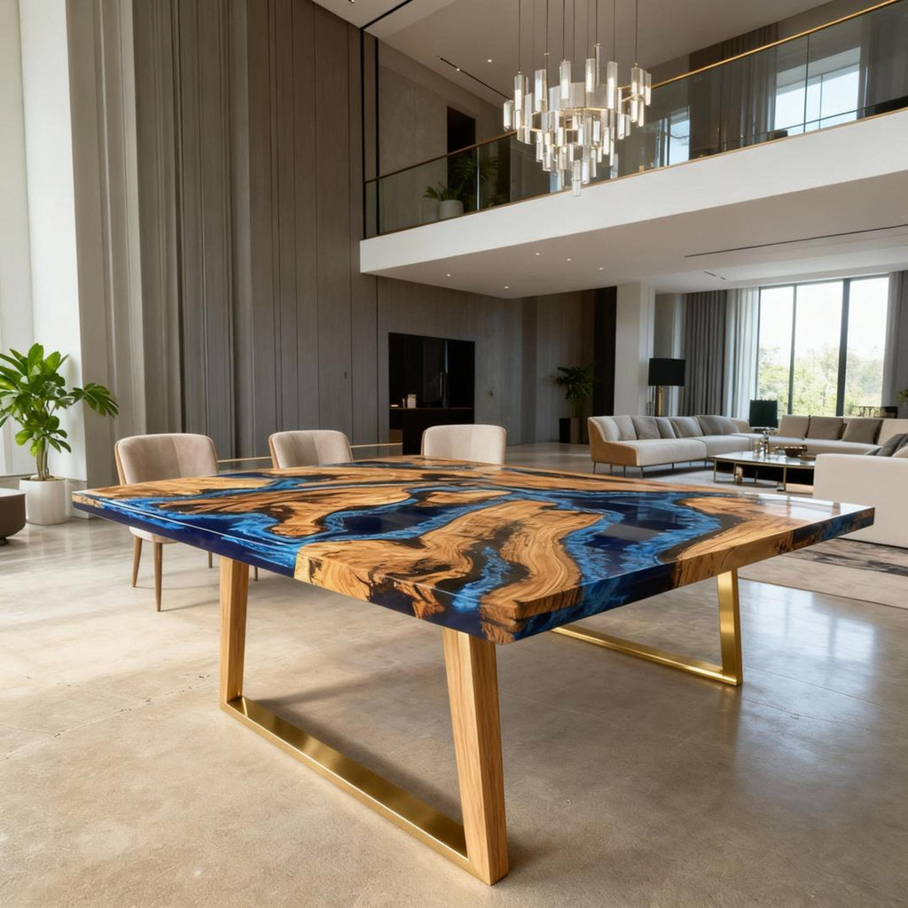 Table rivière personnalisée en résine époxy et bois d'olivier, coloris Midnight à bleu cobalt, référence VQX-472
