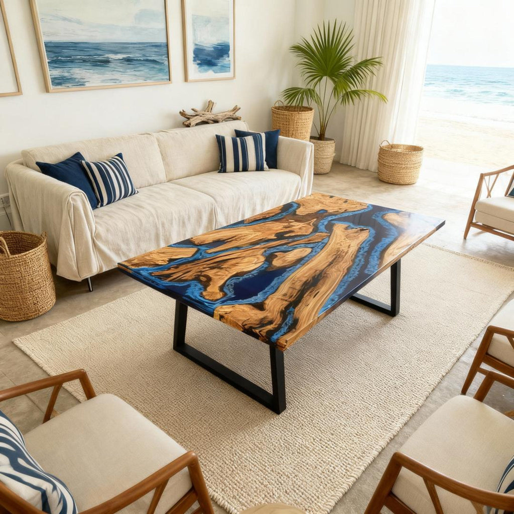 Table rivière personnalisée en résine époxy et bois d'olivier, coloris Midnight à bleu cobalt, référence VQX-472