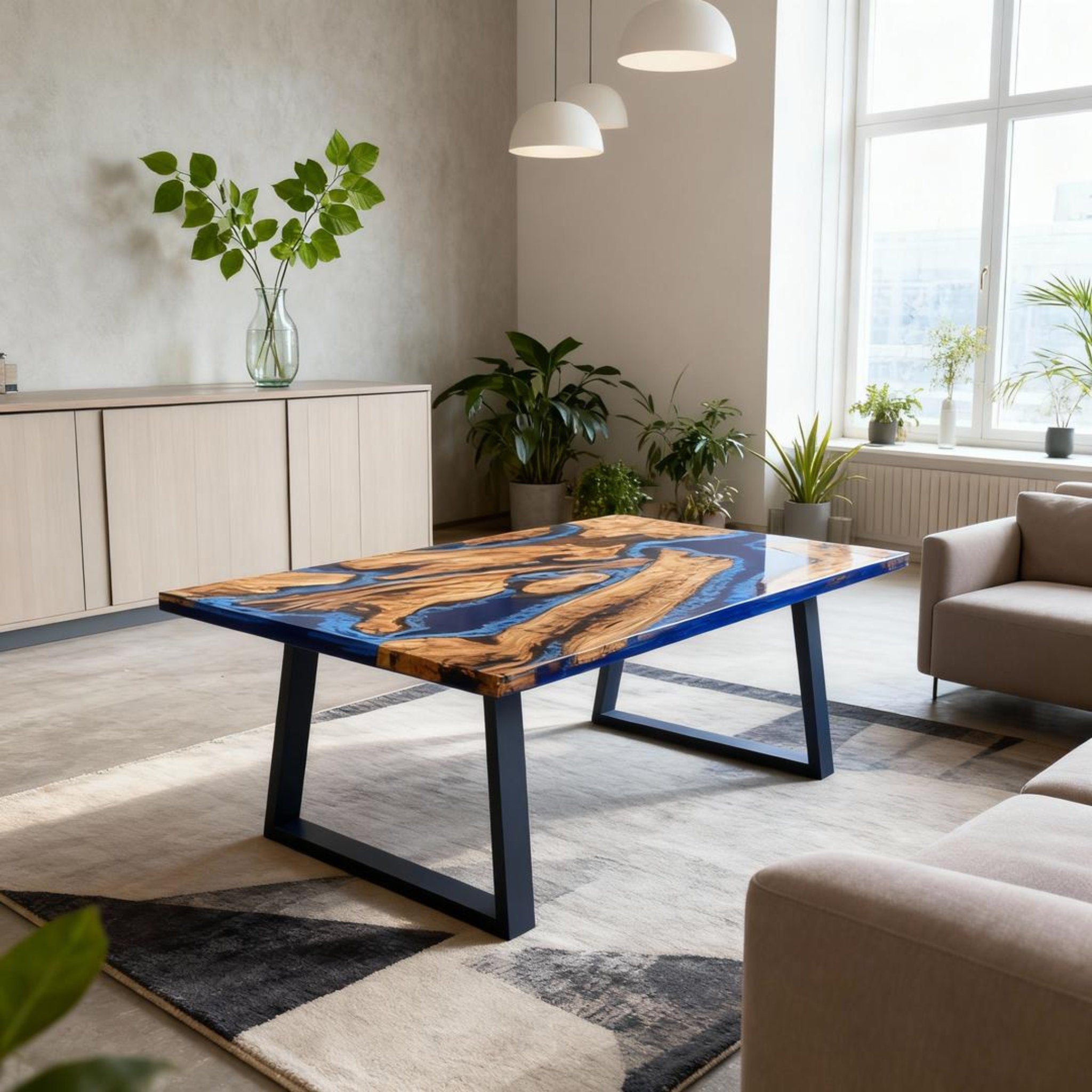 Table rivière personnalisée en résine époxy et bois d'olivier, coloris Midnight à bleu cobalt, référence VQX-472