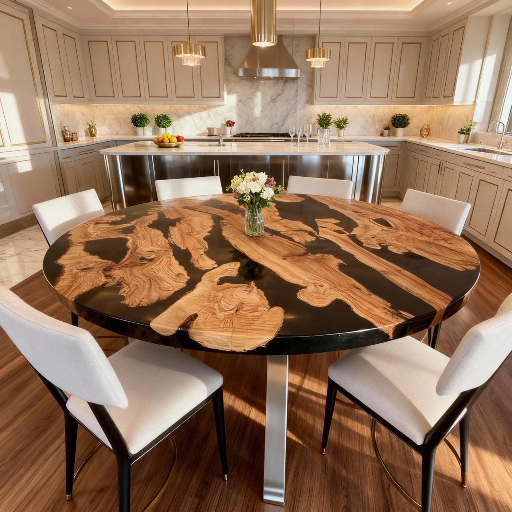 Table rivière sur mesure en bois d'olivier et résine époxy, noir onyx JQT-472