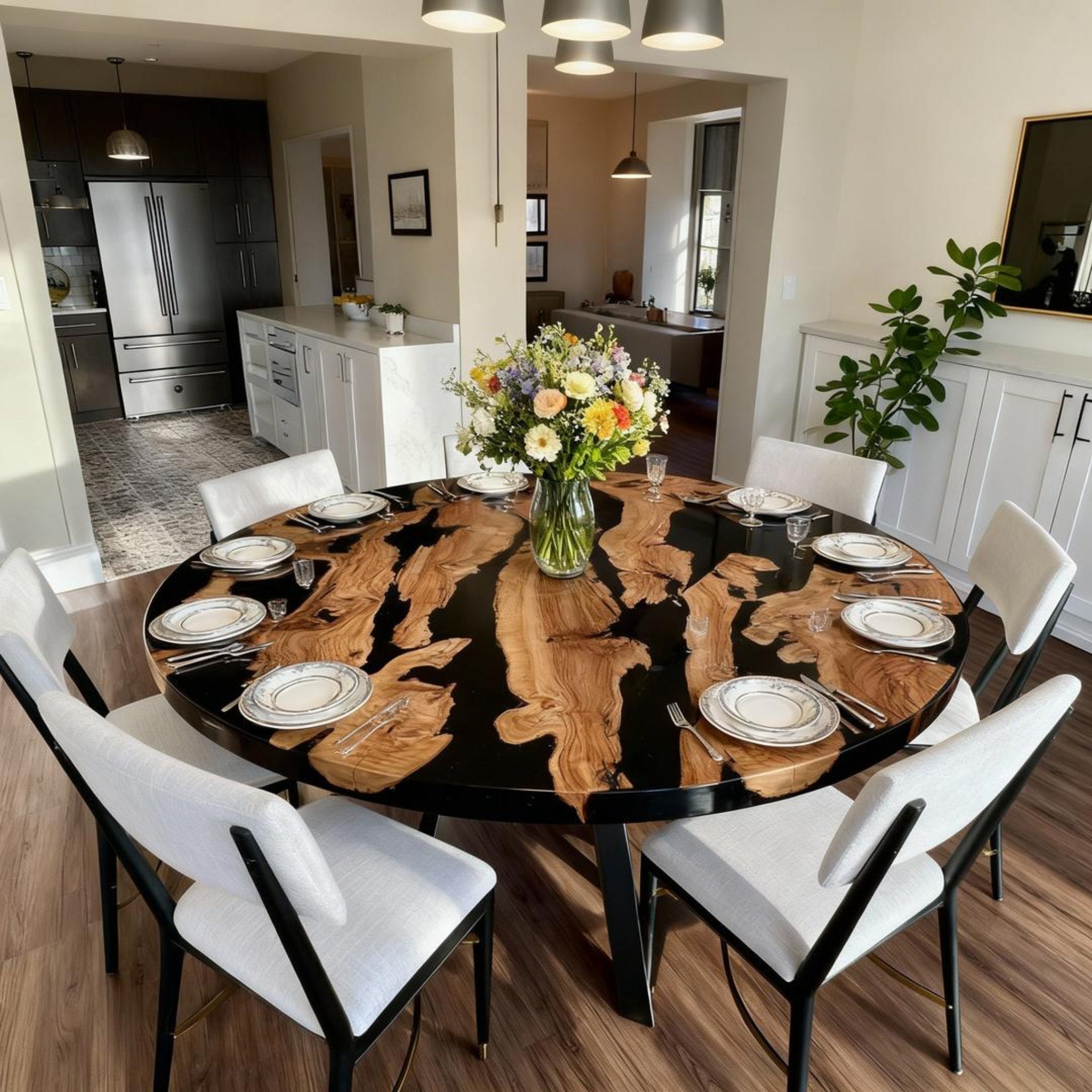 Table rivière sur mesure en bois d'olivier et résine époxy, noir onyx JQT-472