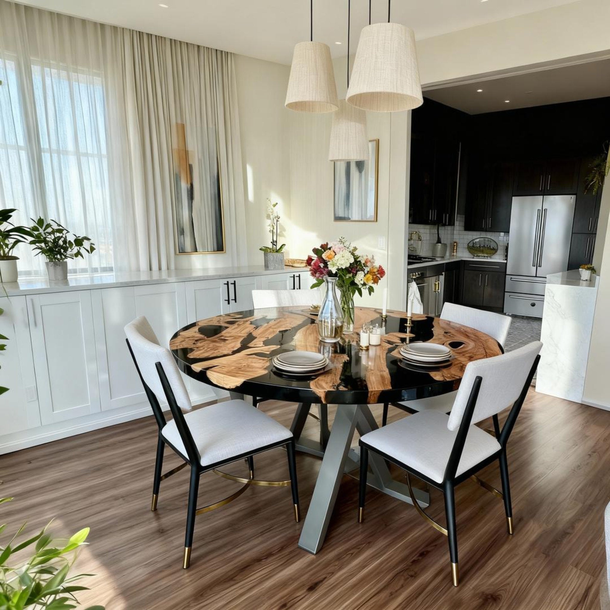 Table rivière sur mesure en bois d'olivier et résine époxy, noir onyx JQT-472