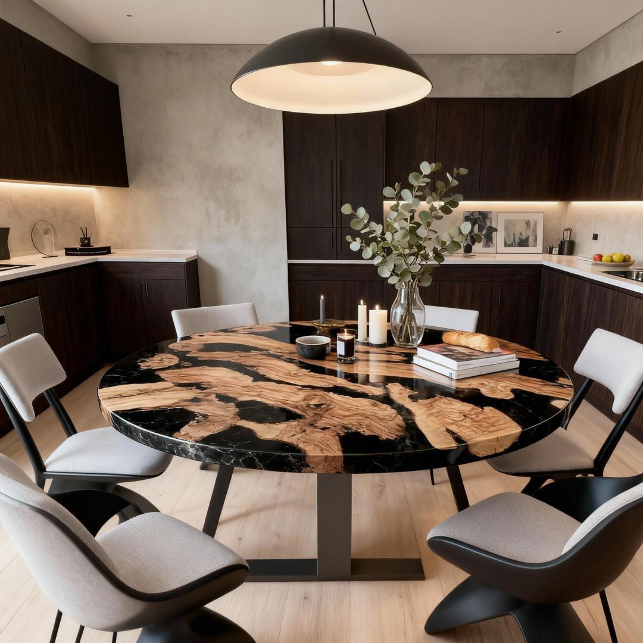 Table rivière sur mesure en bois d'olivier et résine époxy, noir onyx JQT-472